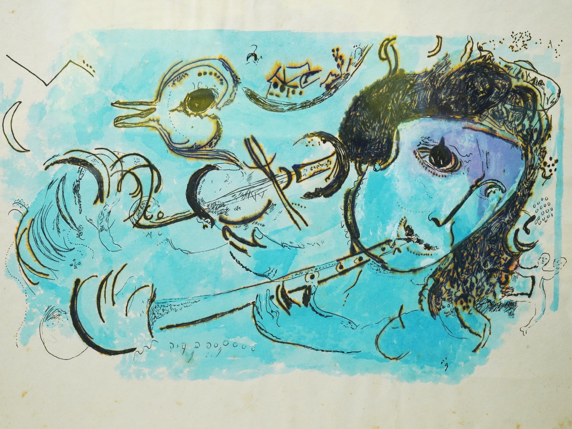 AFTER MARC CHAGALL WATERCOLOR PAINTING FLUTE PLAYER PIC-1