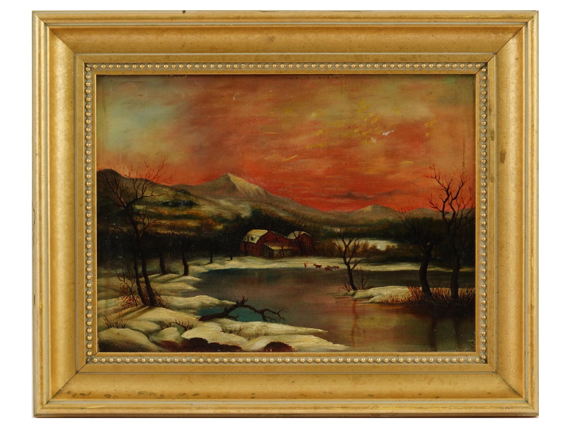 ANTIQUE 19TH C WINTER LANDSCAPE PAINTING SIGNED PIC-0