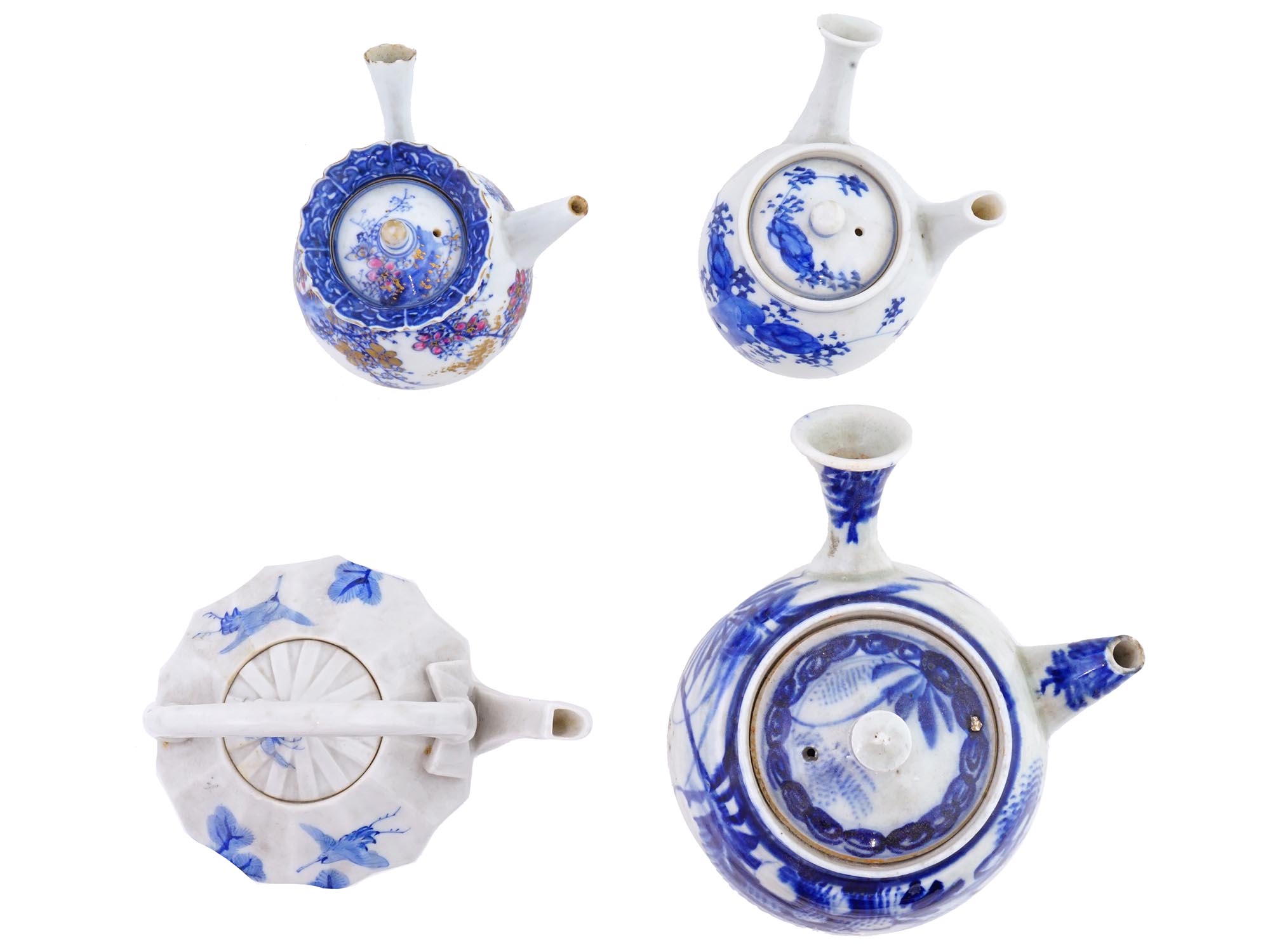 FOUR ANTIQUE SEMI PORCELAIN BLUE WHITE TEAPOTS PIC-5