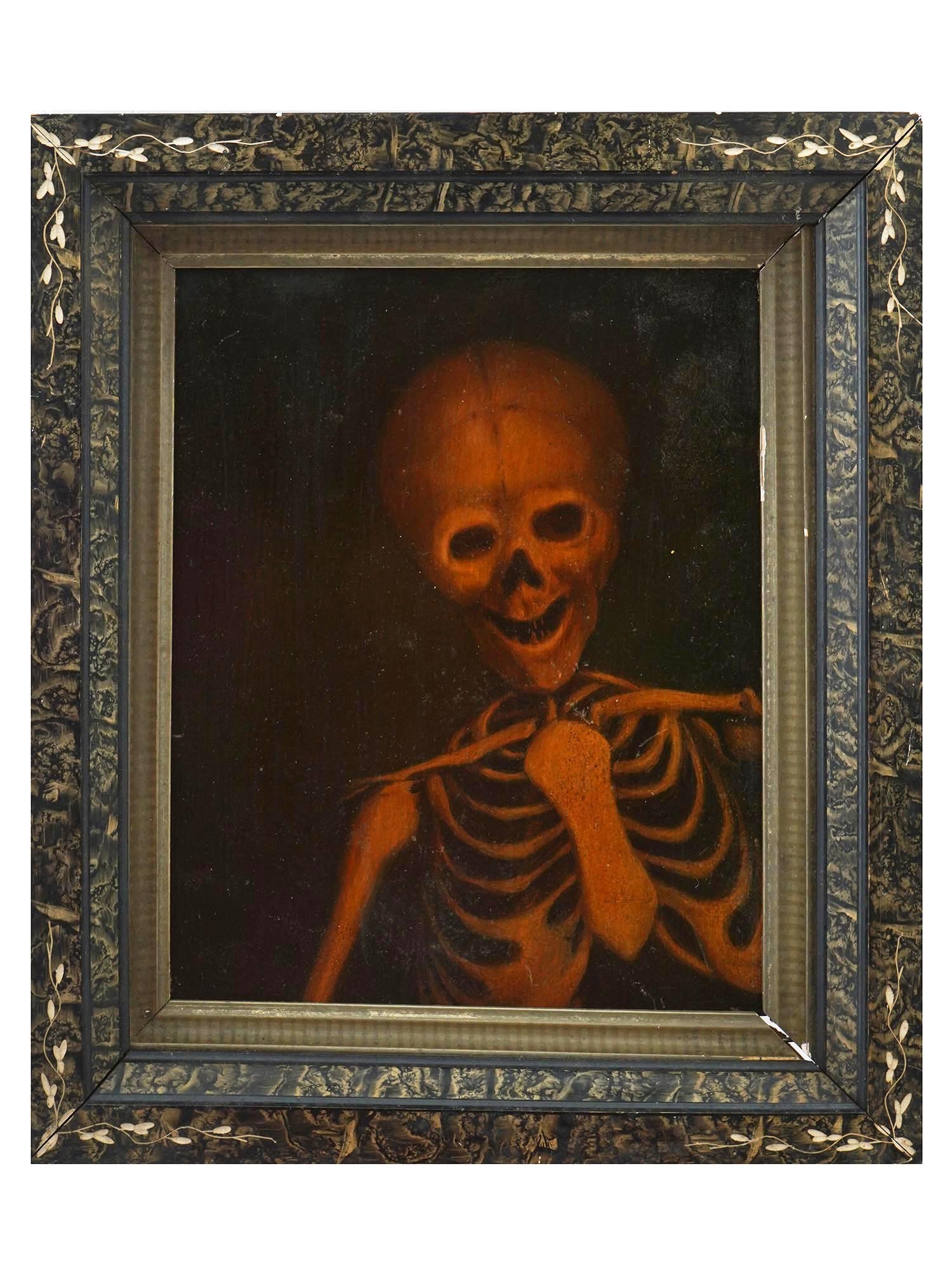 OIL PAINTING OF A SKELETON IN VICTORIAN FRAME PIC-0