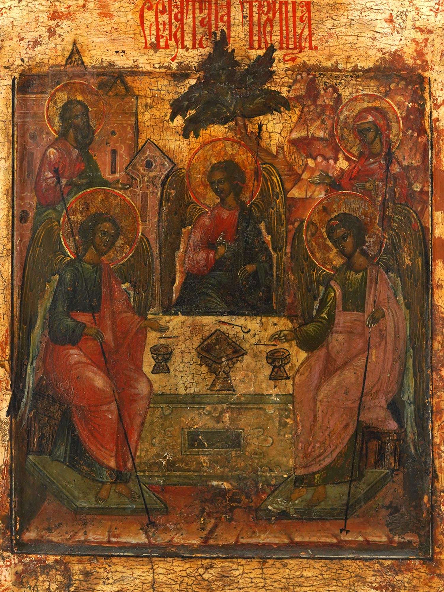 ANTIQUE 18TH C RUSSIAN ICON OF TRINITY IN KOVCHEG PIC-1