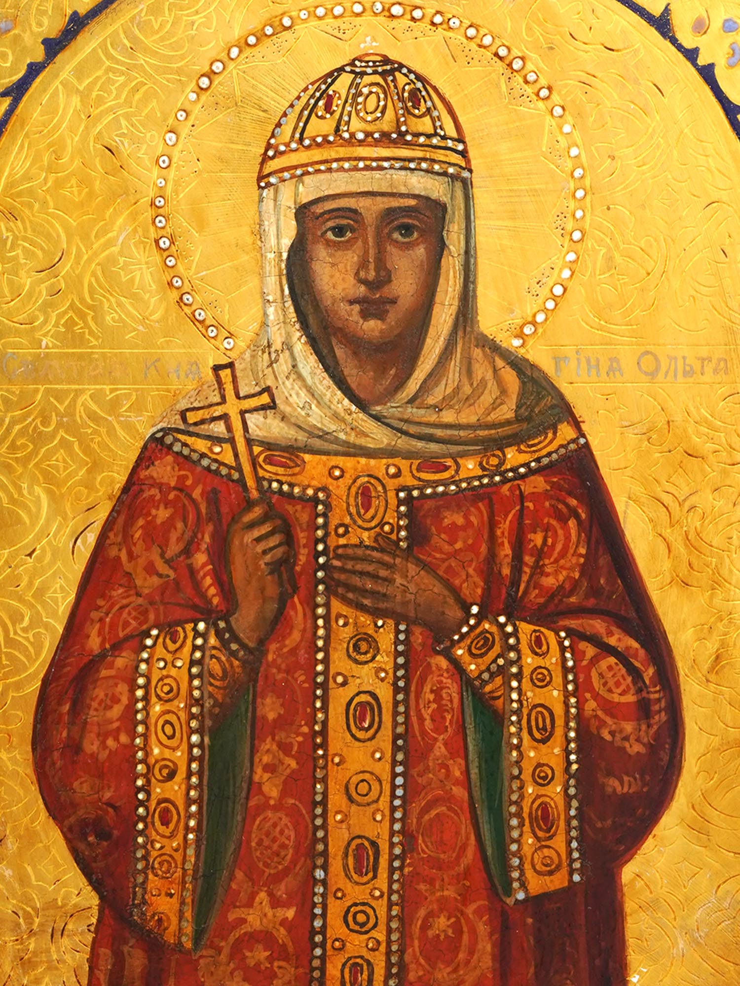 ANTIQUE 19TH C RUSSIAN ICON OF SAINT OLGA OF KIEV PIC-1