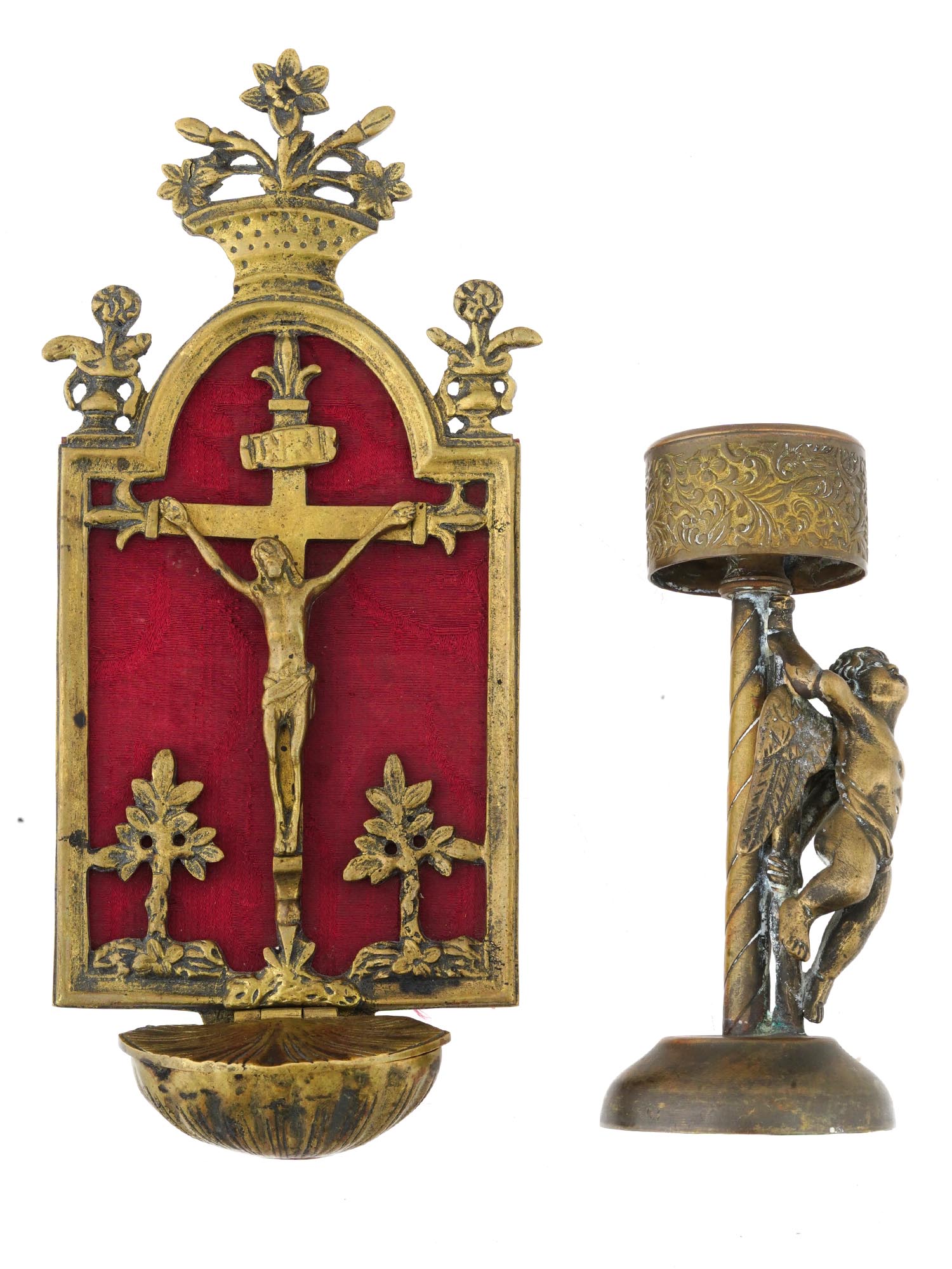 ANTIQUE HOLY WATER FONT AND BRONZE CANDLE HOLDER PIC-0