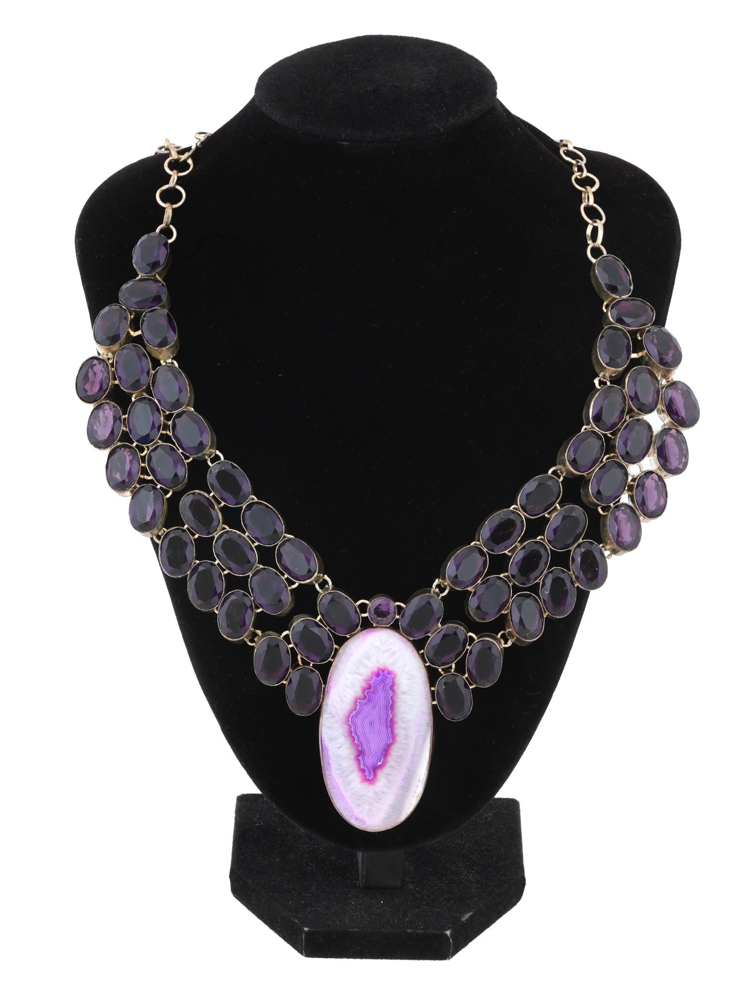 STERLING SILVER NECKLACE W DYED AGATE AMETHYSTS PIC-2