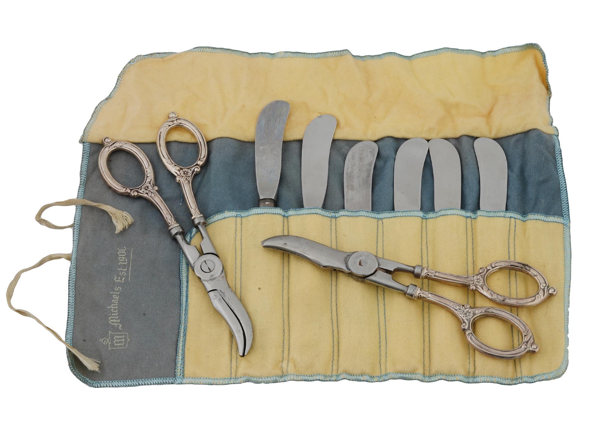 ANTIQUE SILVER AND STEEL BUTTER KNIVES AND SCISSORS PIC-0