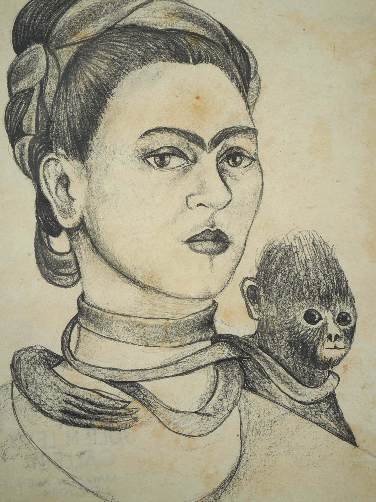 ATTR TO FRIDA KAHLO SELF PORTRAIT PENCIL PAINTING PIC-1