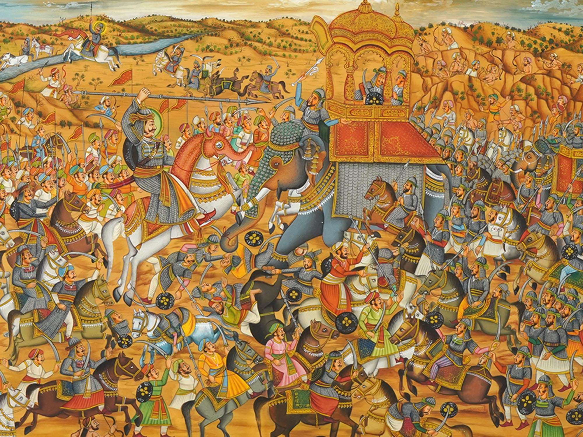 MINIATURE ANTIQUE PERSIAN MUGHAL BATTLE PAINTING PIC-1