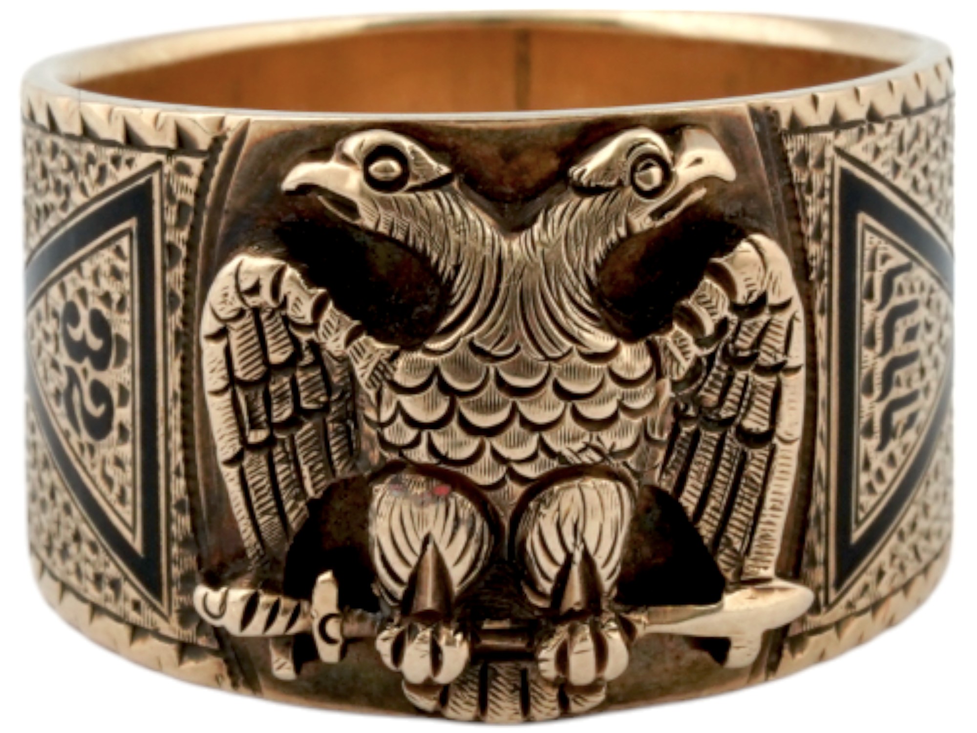 MASONIC 14K YELLOW GOLD AND ENAMEL RING W EAGLE PIC-0