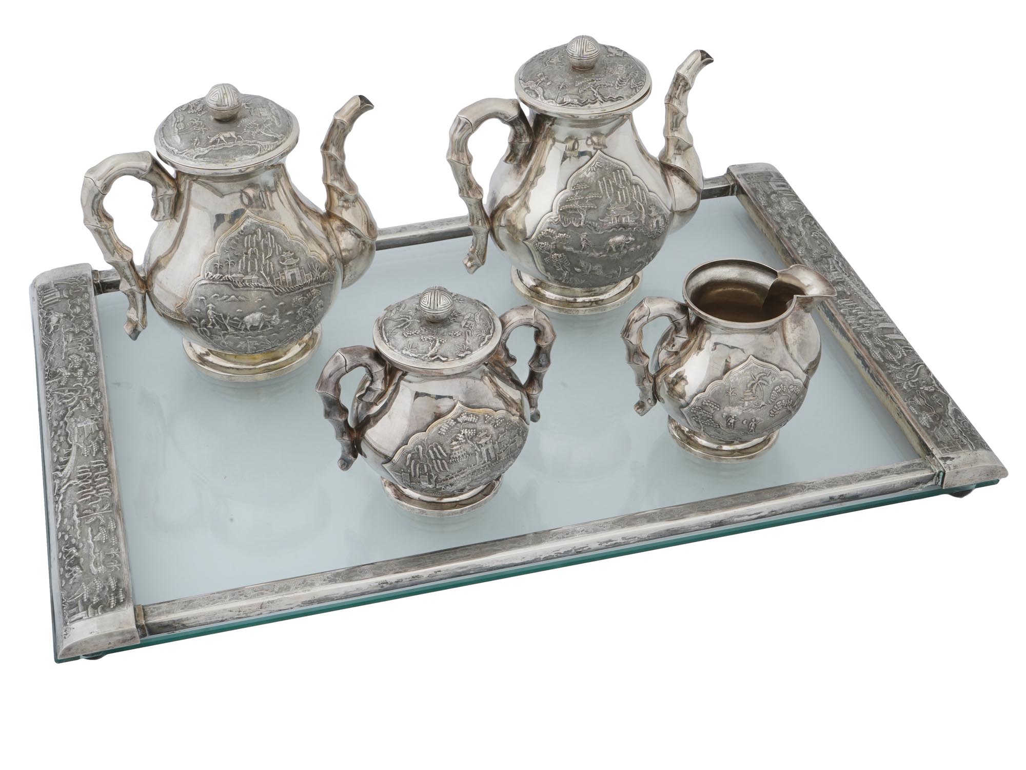 VINTAGE VIETNAMESE SILVER FOUR PIECE SERVICE WITH TRAY PIC-1