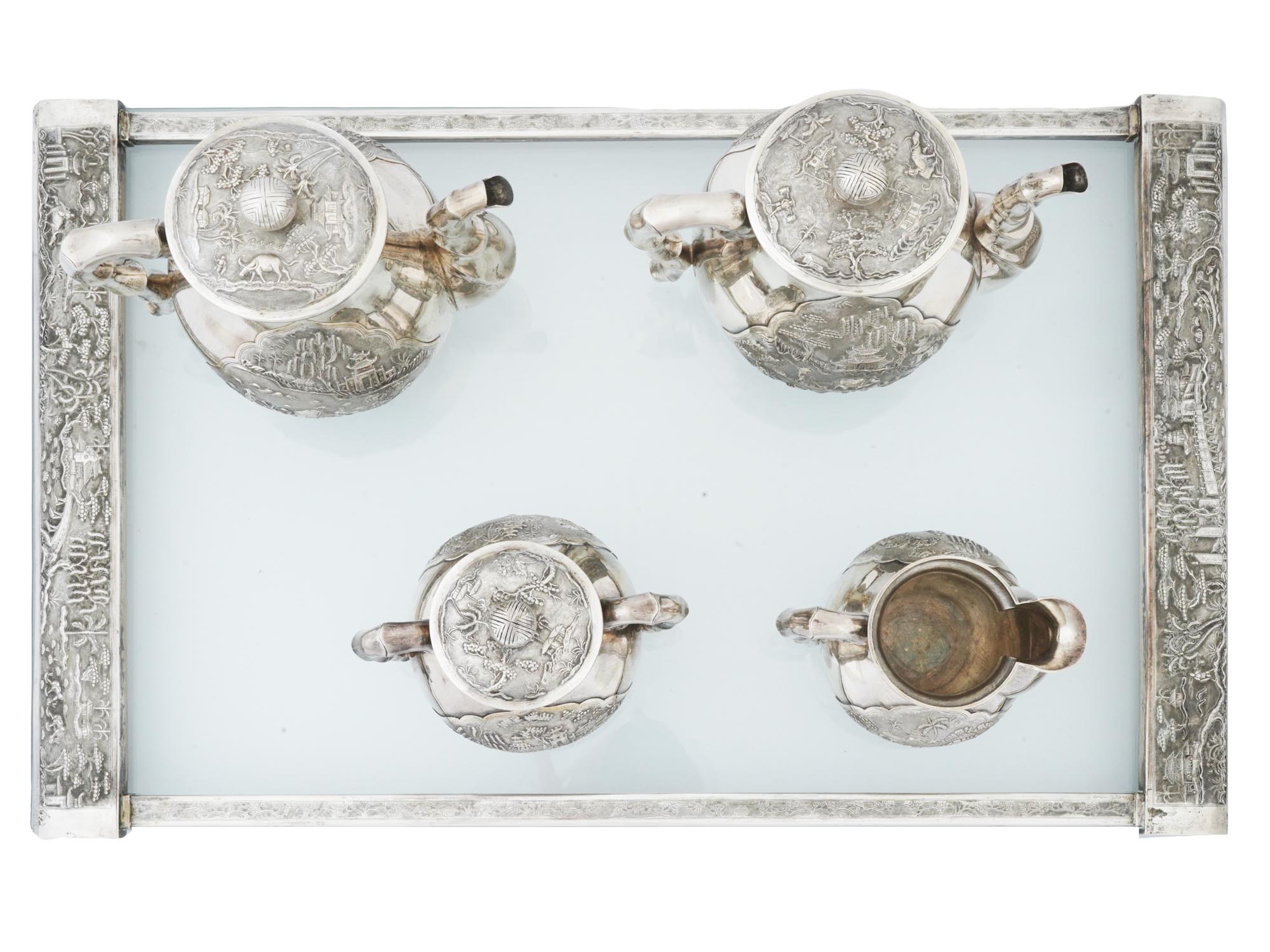 VINTAGE VIETNAMESE SILVER FOUR PIECE SERVICE WITH TRAY PIC-2