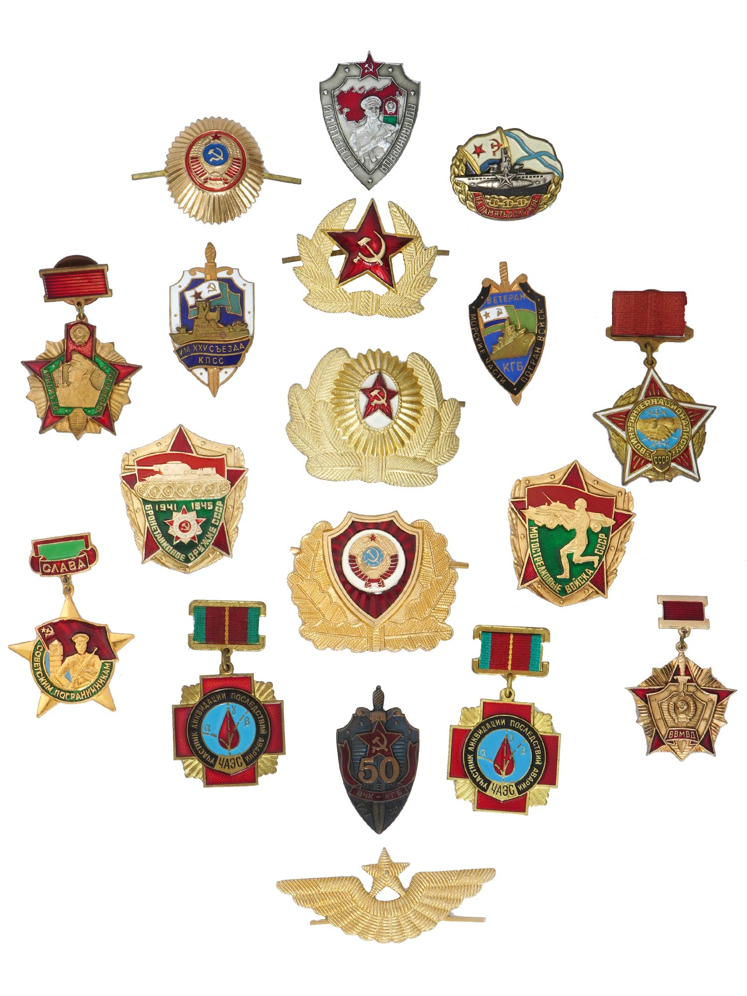 COLLECTION OF SOVIET MILITARY HAT PINS AND MEDALS PIC-0