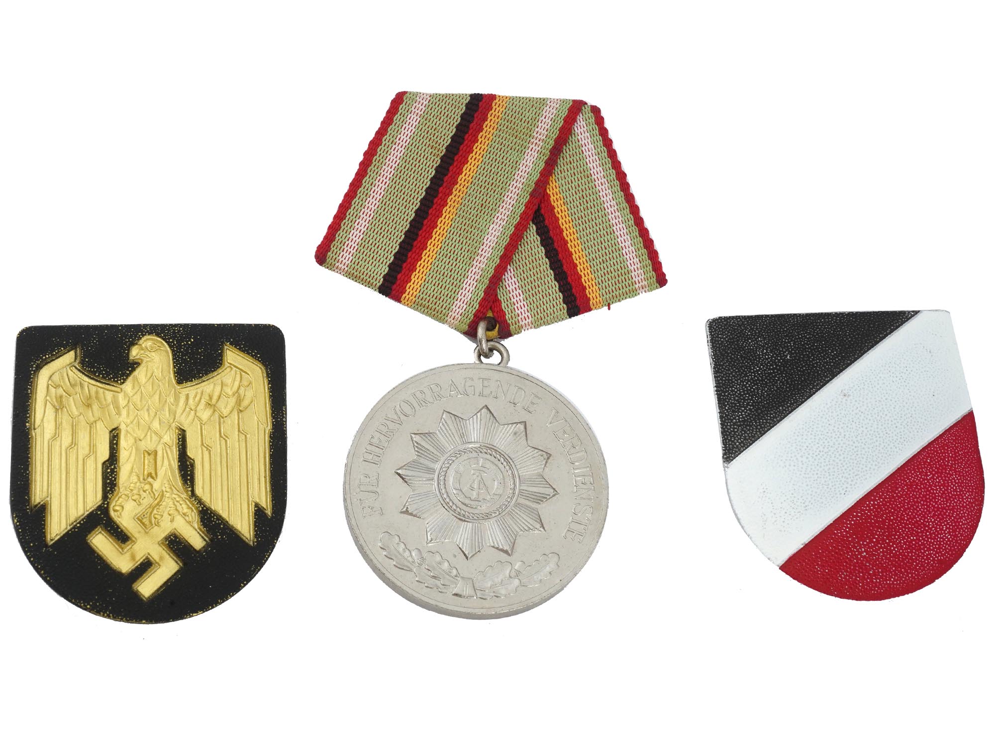 GERMAN WWII HELMET SHIELD BADGES AND GDR MEDAL PIC-0