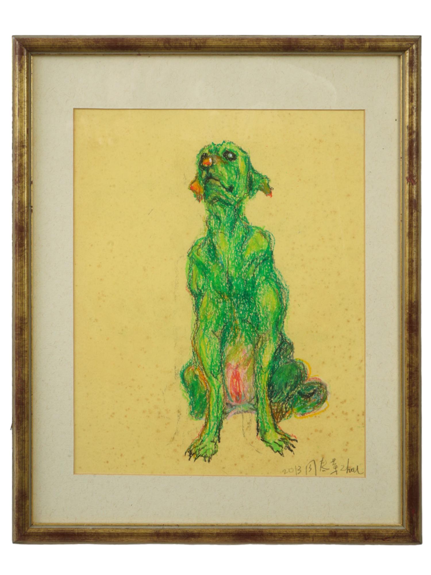 CONTEMPORARY CHINESE ZHOU CHUNYA PAINTING W GREEN DOG PIC-0