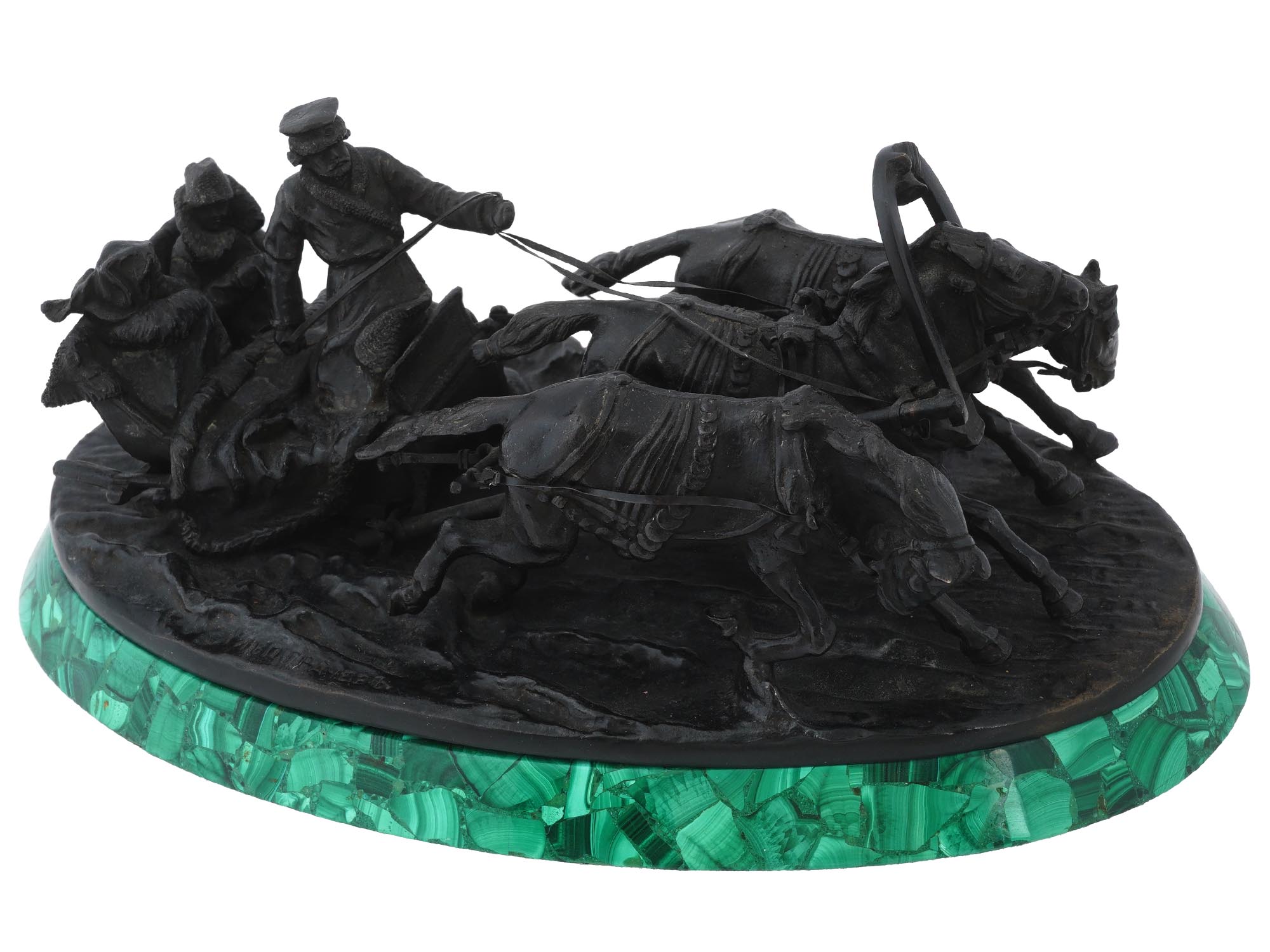 GRACHEV BROTHERS TROIKA BRONZE STATUE MALACHITE STAND PIC-0