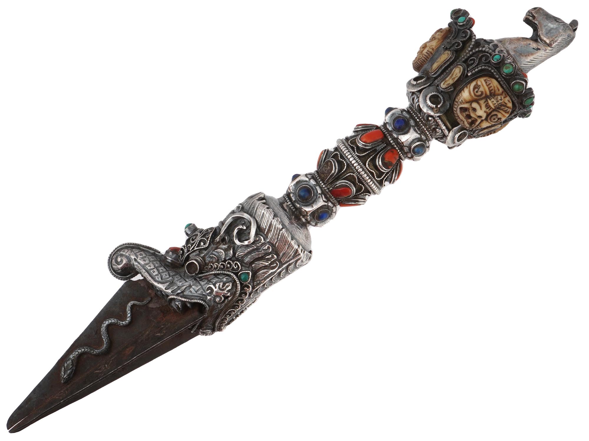 TIBETAN BUDDHIST SILVER PHURBA CEREMONIAL DAGGER PIC-2