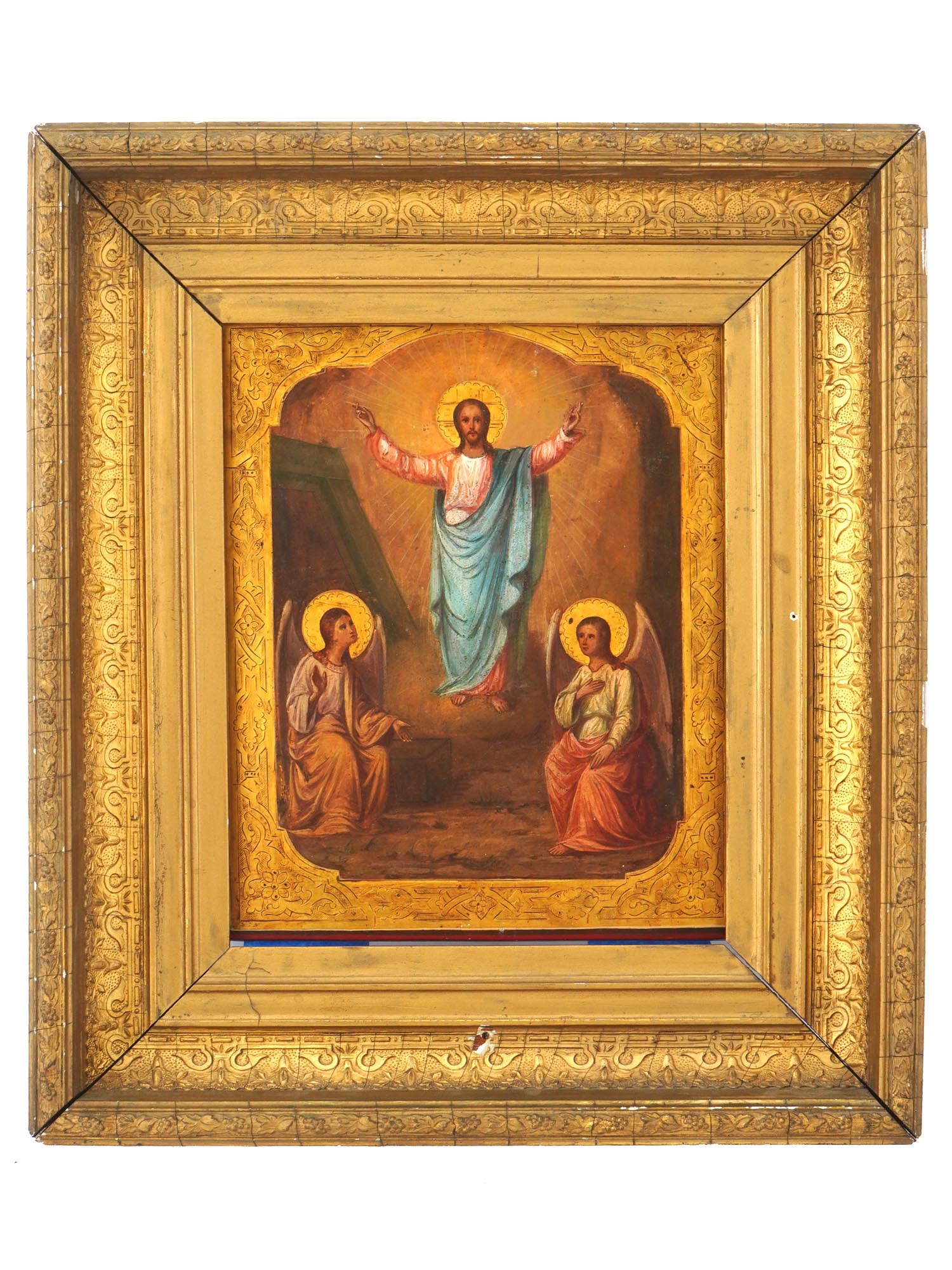 ANTIQUE RUSSIAN ORTHODOX RESURRECTION ICON FRAMED PIC-0