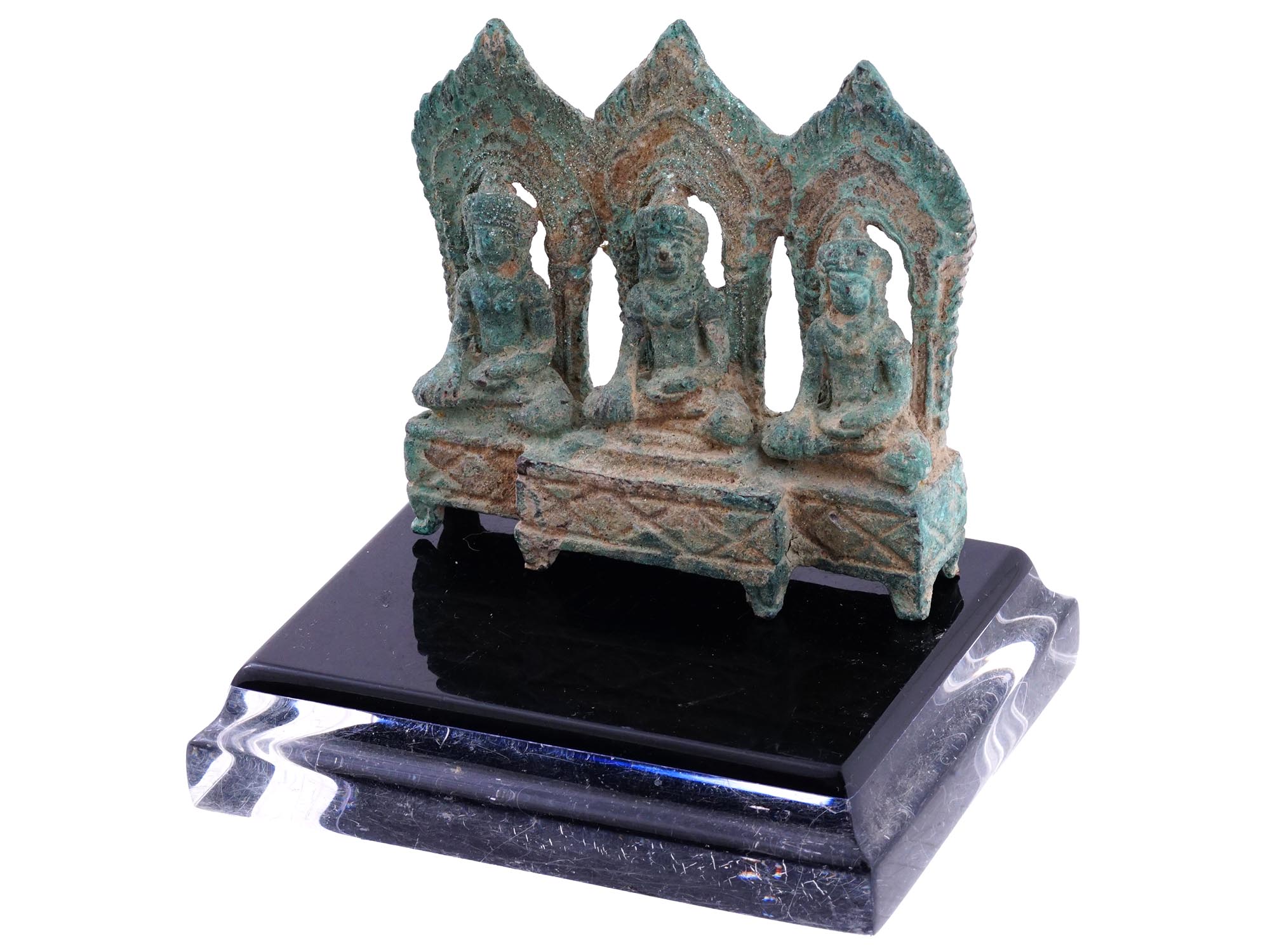 ANTIQUE KHMER STYLE BRONZE 3 BUDDHA SHRINE FIGURE PIC-0