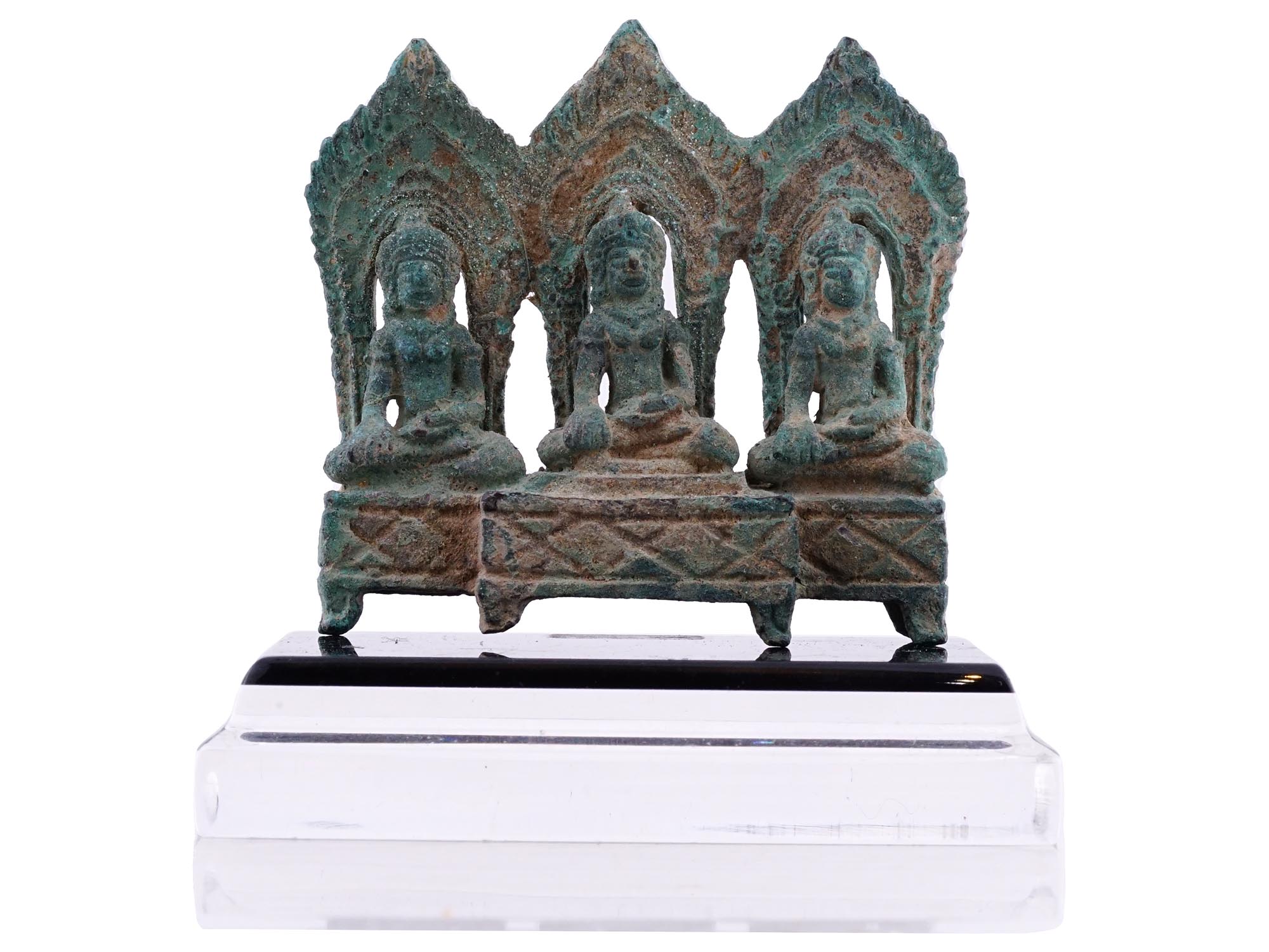 ANTIQUE KHMER STYLE BRONZE 3 BUDDHA SHRINE FIGURE PIC-1