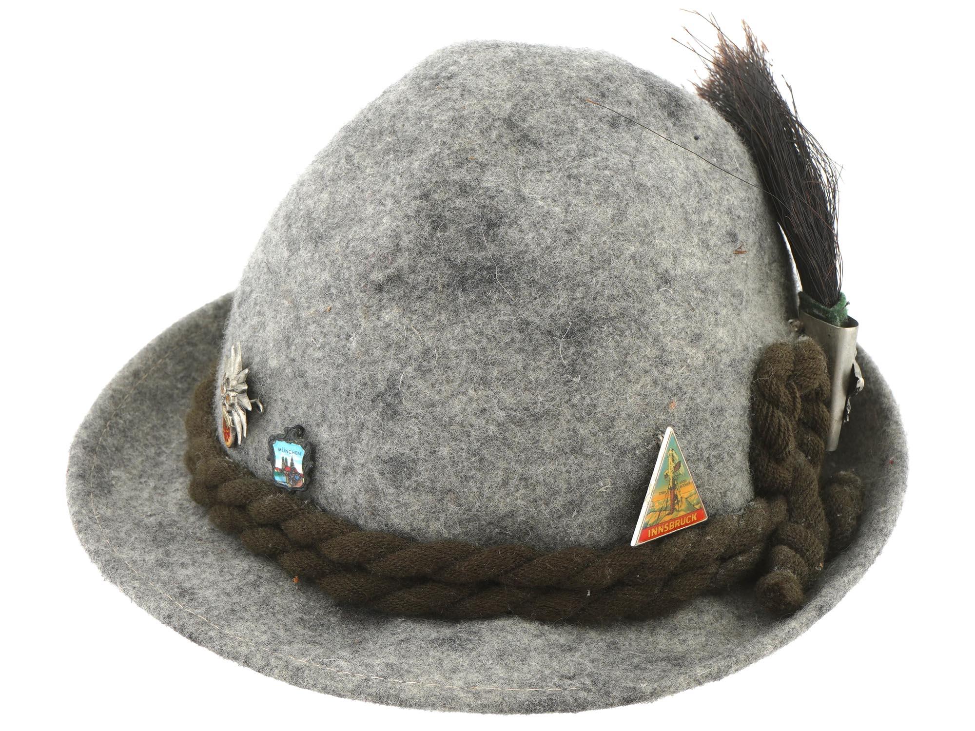 VINTAGE AUSTRIAN HUNTERS GREY FELT HAT WITH BADGES PIC-1