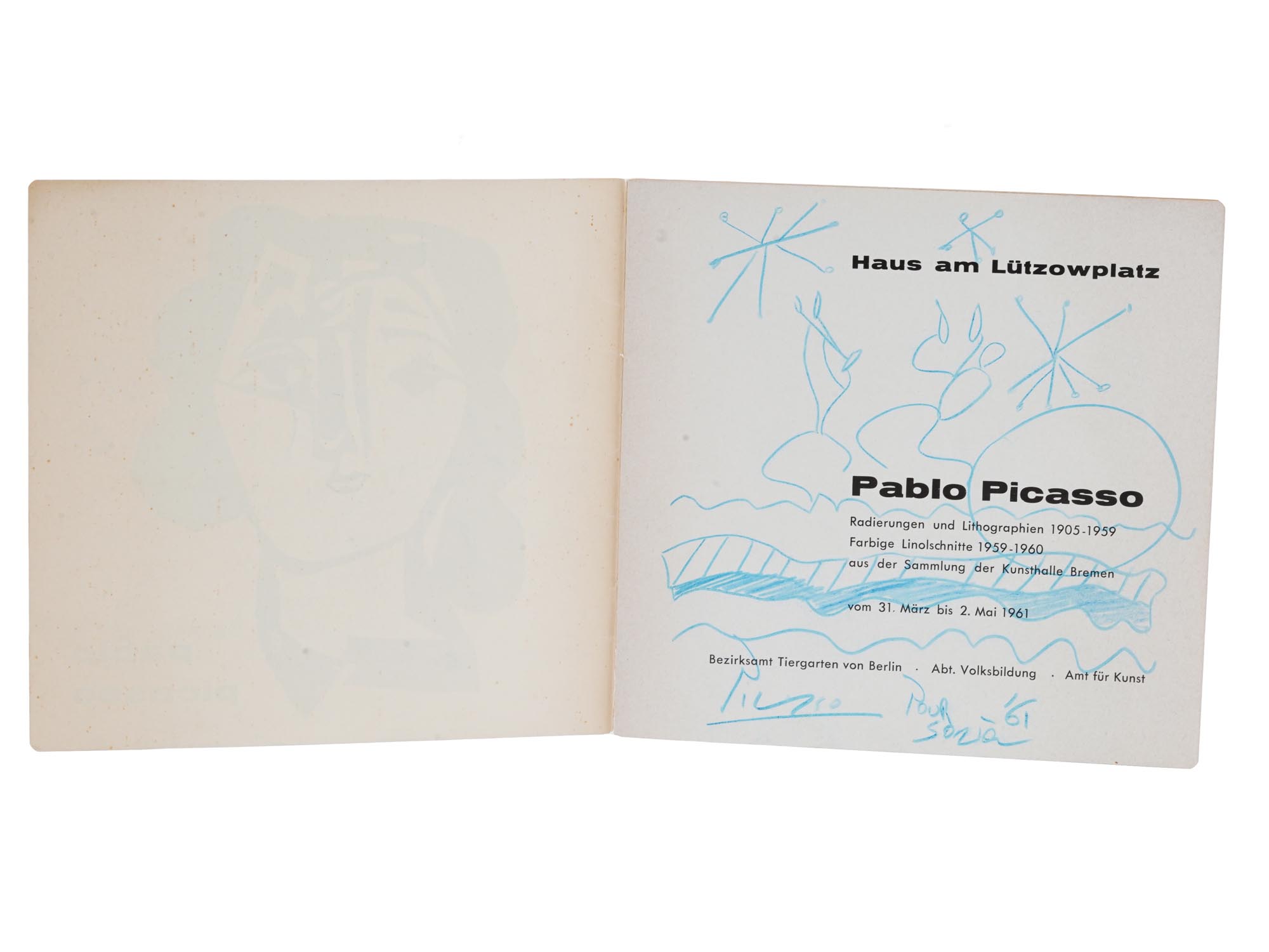 AFTER PICASSO DRAWING AND DEDICATION ON A CATALOGUE 1961 PIC-1