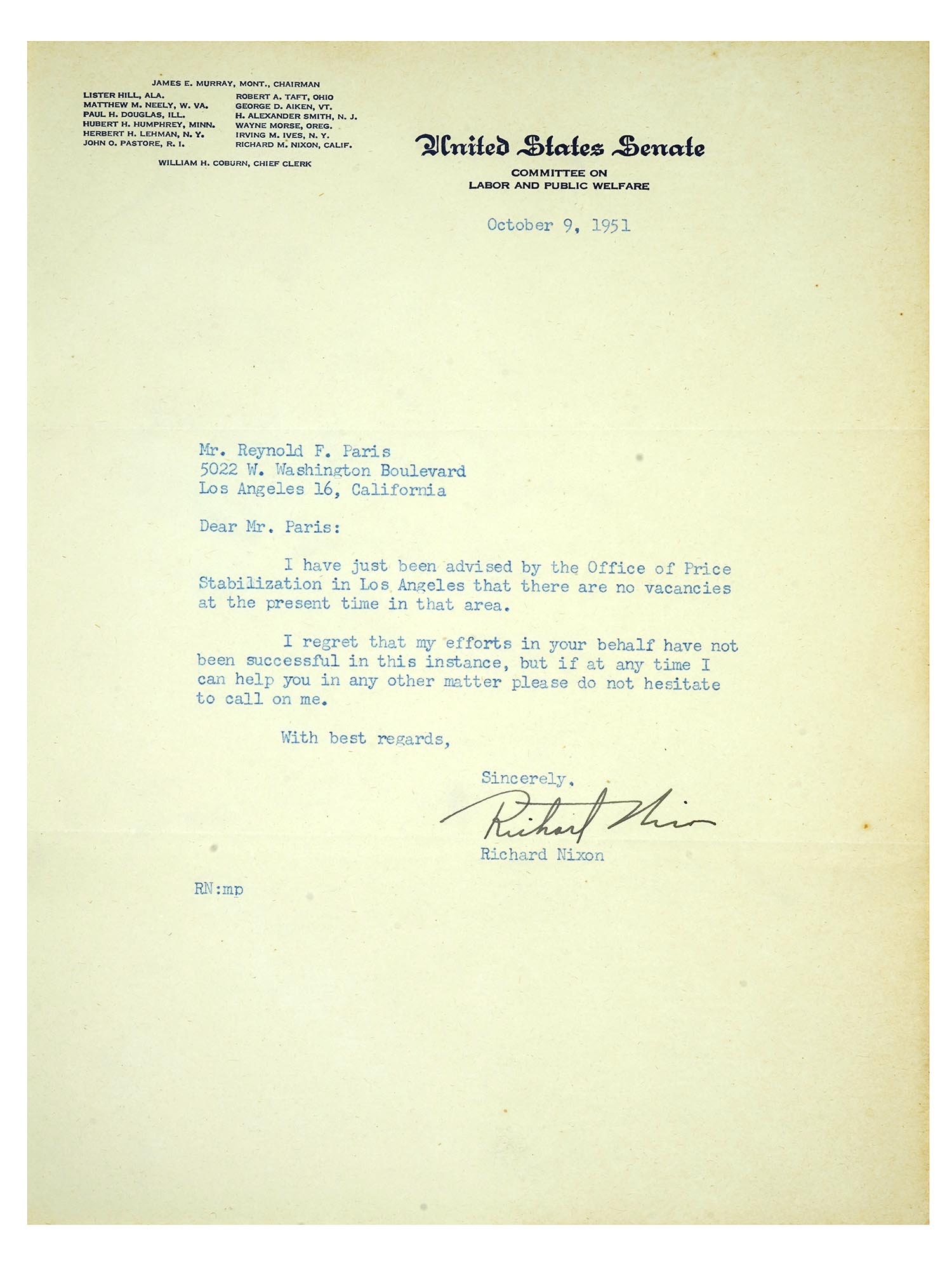 1951 UNITED STATES SENATE LETTER FROM RICHARD NIXON PIC-0