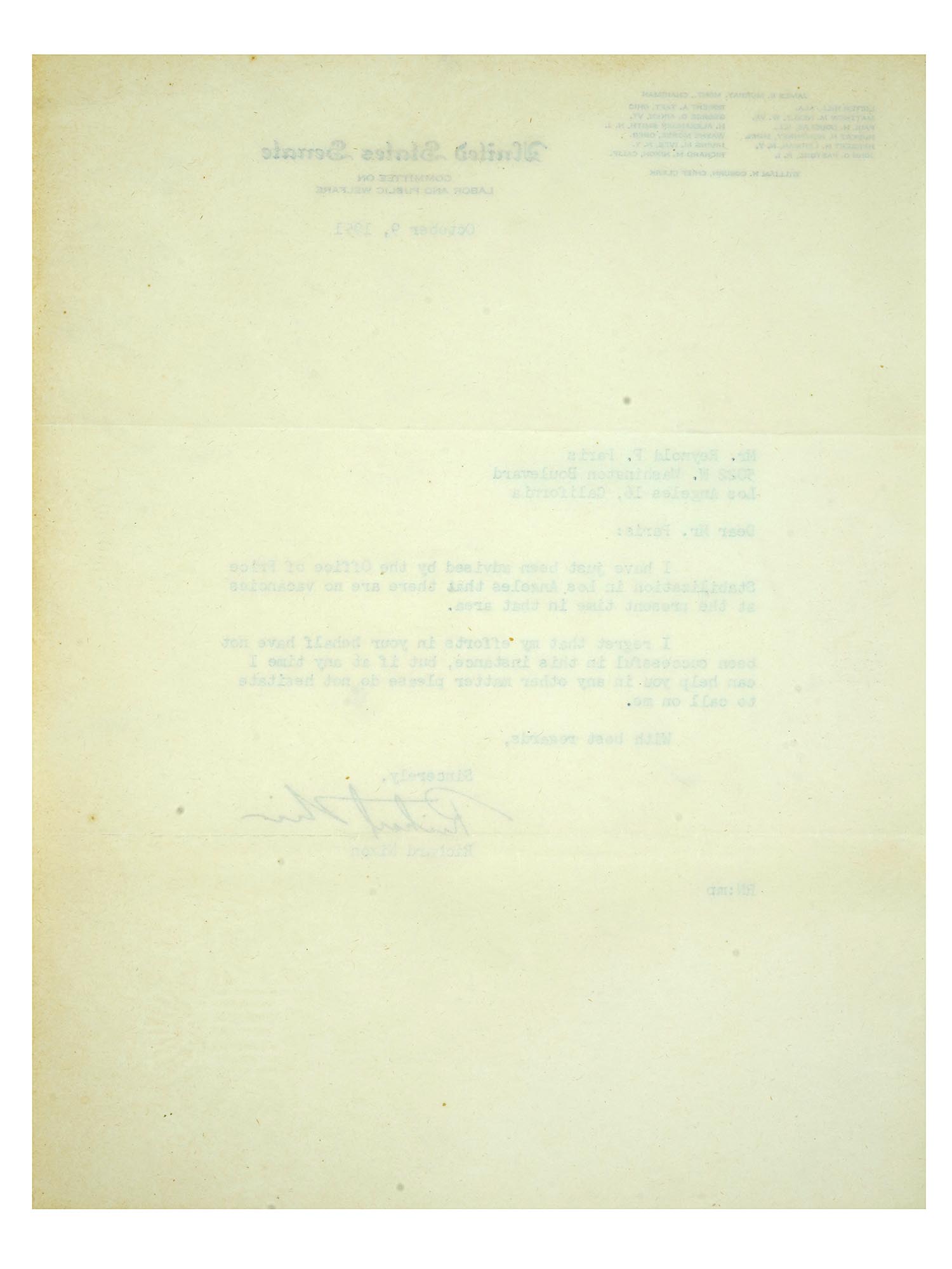 1951 UNITED STATES SENATE LETTER FROM RICHARD NIXON PIC-3