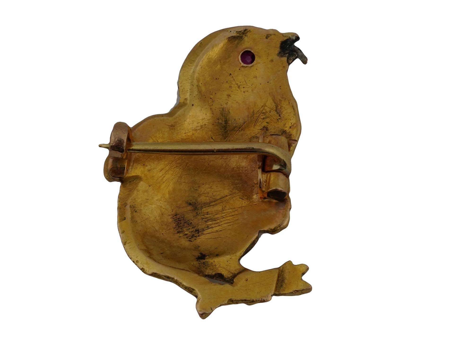 14 K GOLD ANTIQUE BROOCH BABY CHICKEN WITH RUBY EYES PIC-1