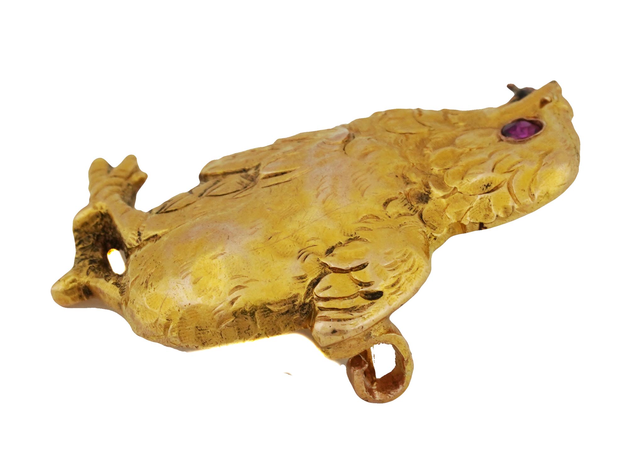 14 K GOLD ANTIQUE BROOCH BABY CHICKEN WITH RUBY EYES PIC-2