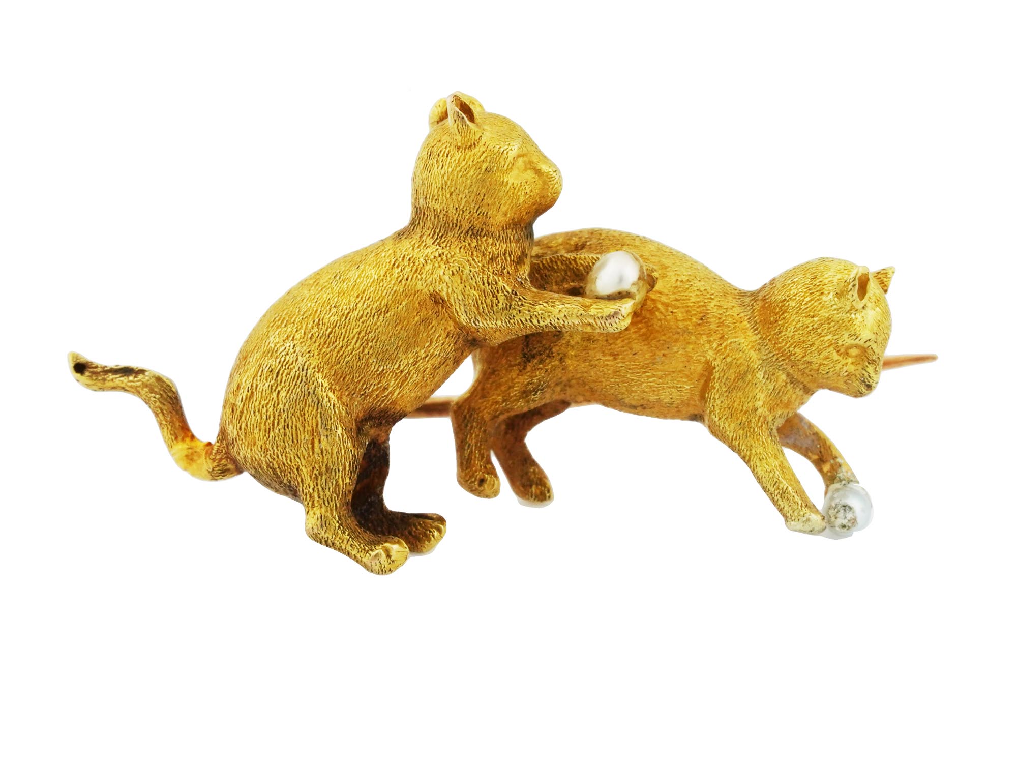 14K GOLD ANTIQUE CATS BROOCH WITH NATURAL PEARLS PIC-0