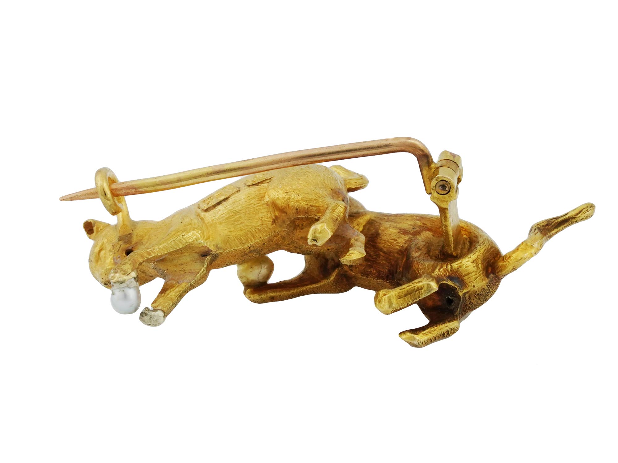 14K GOLD ANTIQUE CATS BROOCH WITH NATURAL PEARLS PIC-2