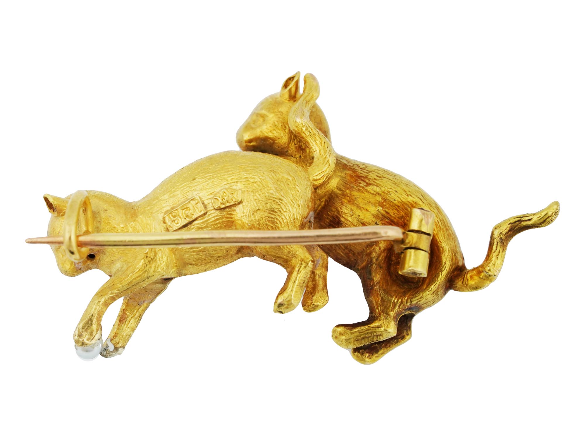 14K GOLD ANTIQUE CATS BROOCH WITH NATURAL PEARLS PIC-1