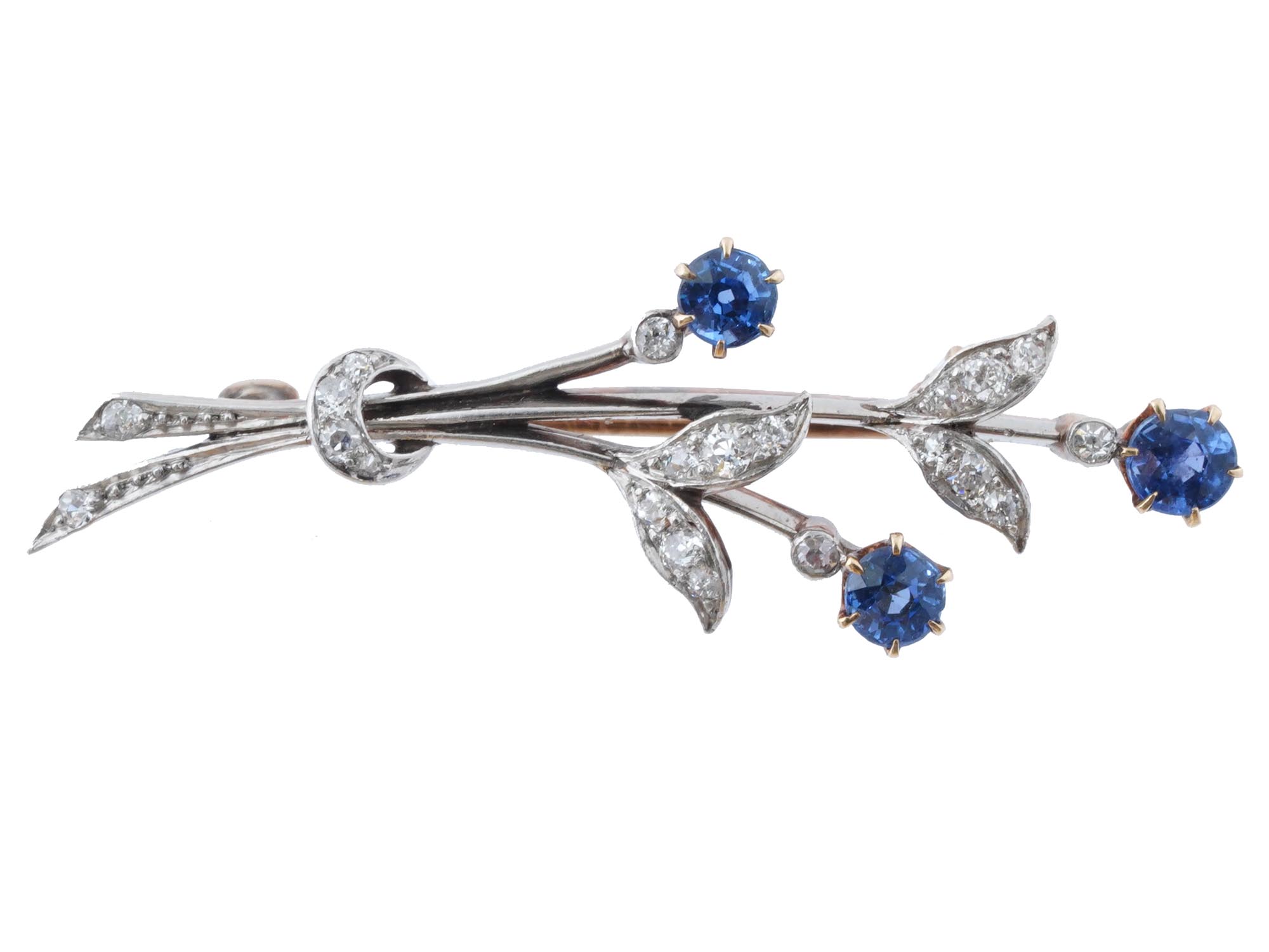 ANTIQUE 14K PALLADIUM GOLD SAPPHIRE DIAMONDS BROOCH PIC-0