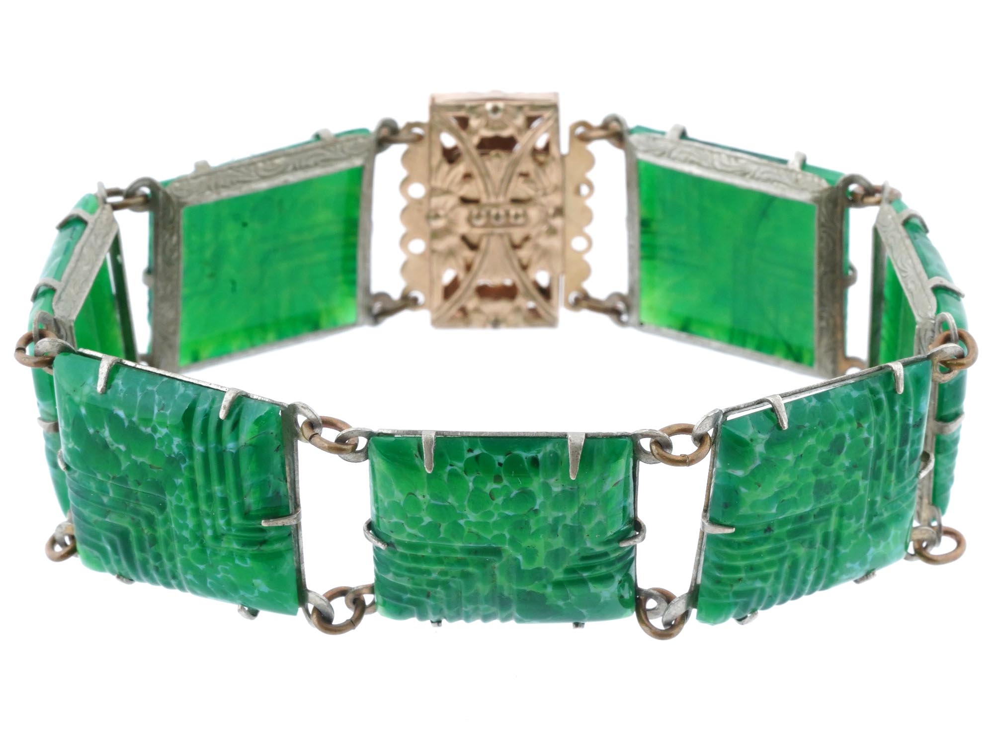 ART DECO MANNER GREEN GLASS SILVER JEWELRY BRACELET PIC-2