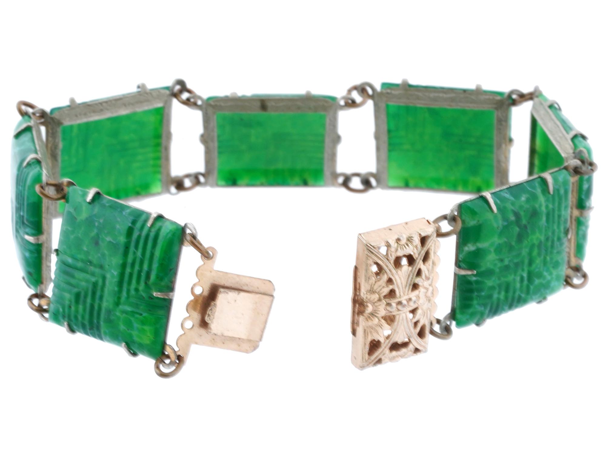 ART DECO MANNER GREEN GLASS SILVER JEWELRY BRACELET PIC-3