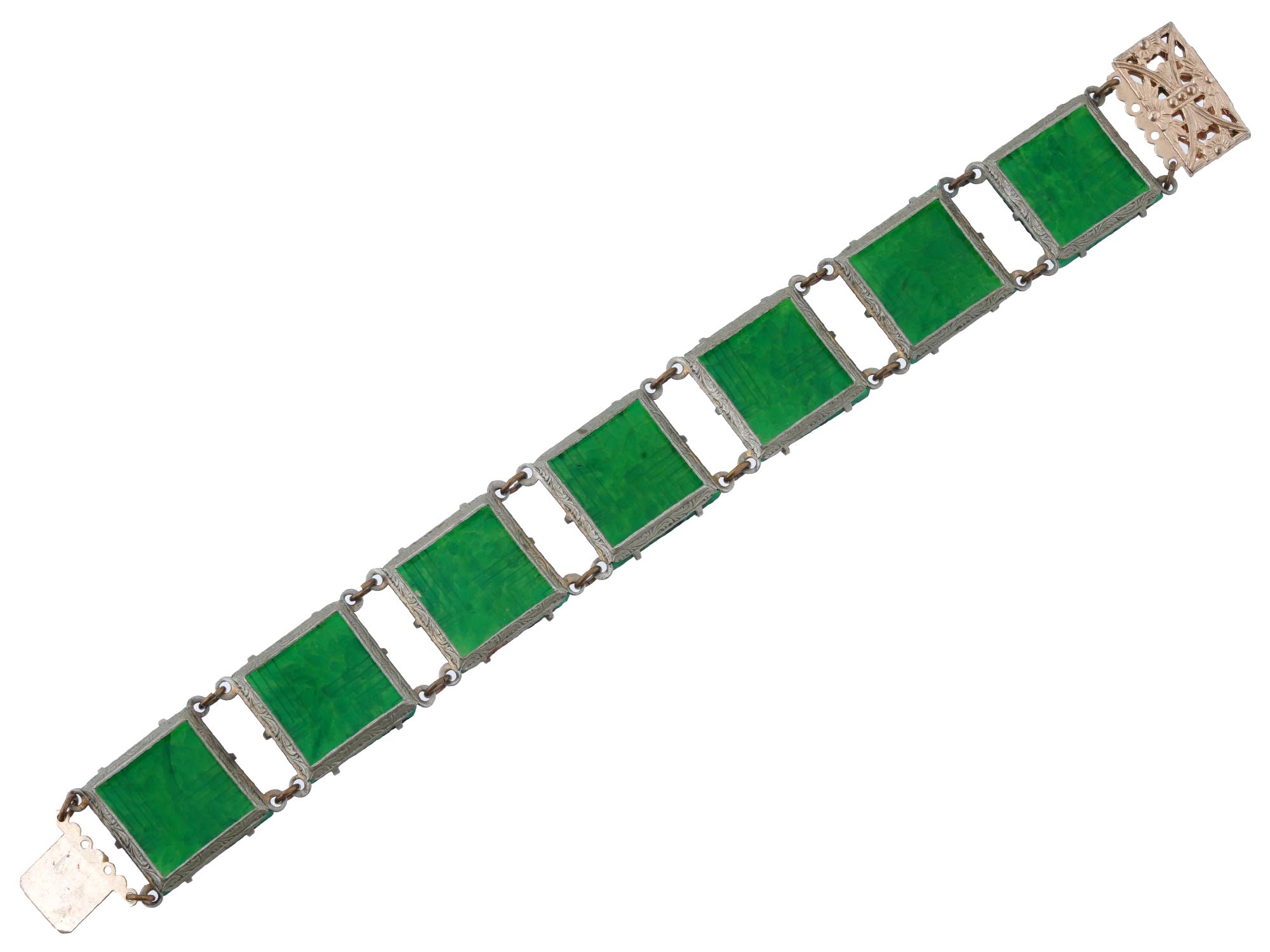 ART DECO MANNER GREEN GLASS SILVER JEWELRY BRACELET PIC-4