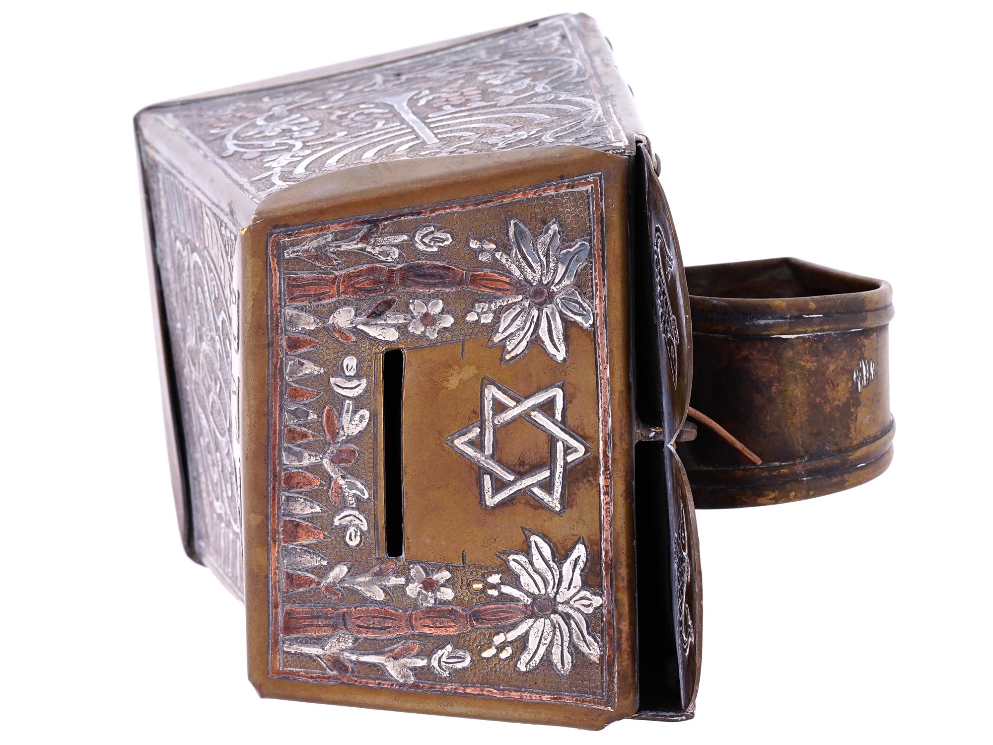 ANTIQUE SILVER AND COPPER DECOR TZEDAKAH BOX FROM SYRIA PIC-6