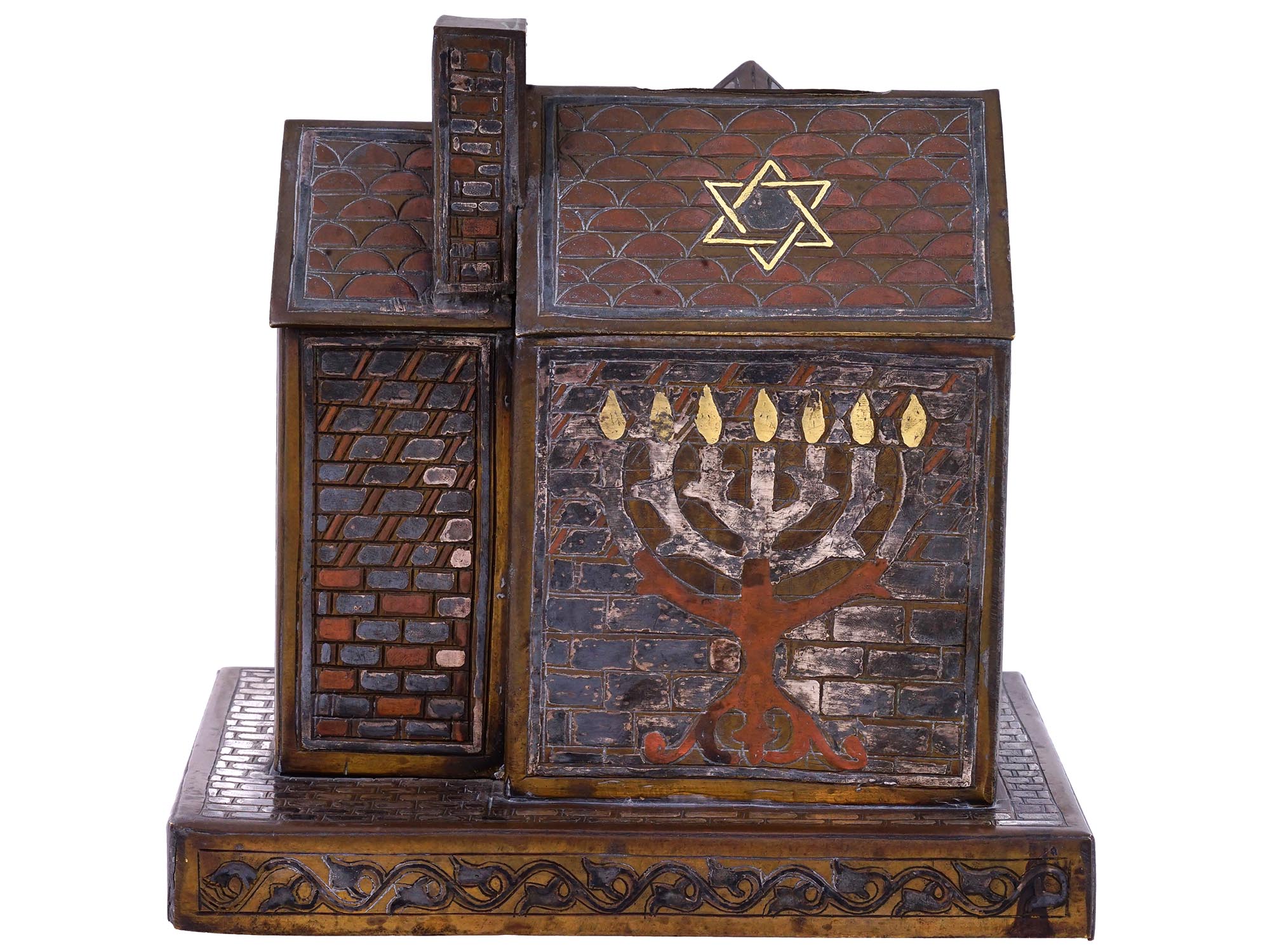 SYRIAN JUDAICA BRASS W SILVER COPPER INLAY TZEDAKAH BOX PIC-4