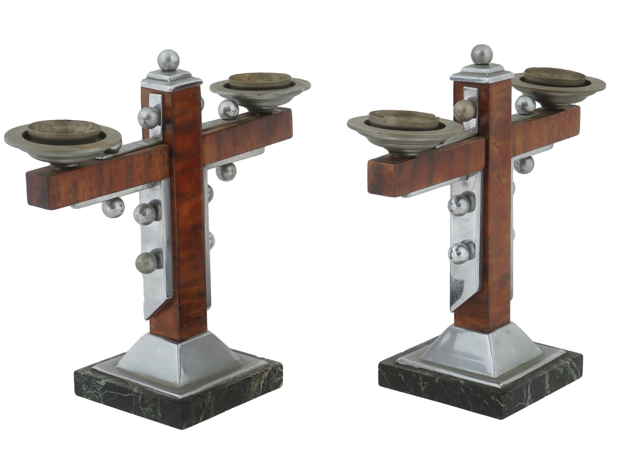 MODERNIST ALUMINUM AND MARBLE CROSS CANDLESTICKS PIC-0