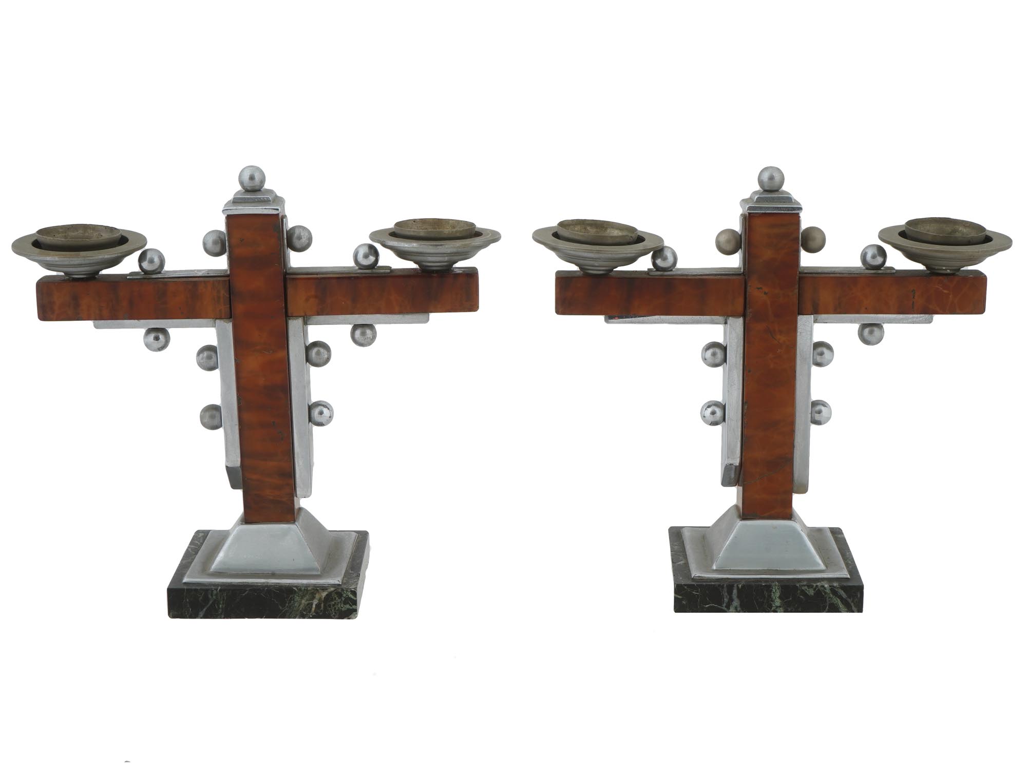 MODERNIST ALUMINUM AND MARBLE CROSS CANDLESTICKS PIC-3