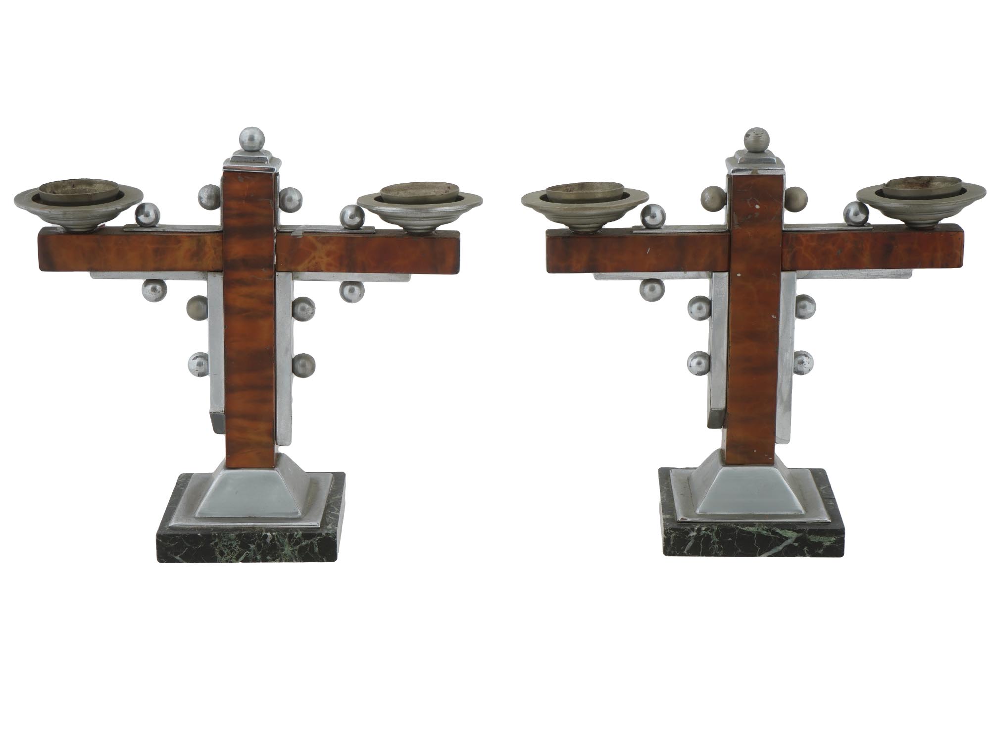 MODERNIST ALUMINUM AND MARBLE CROSS CANDLESTICKS PIC-1