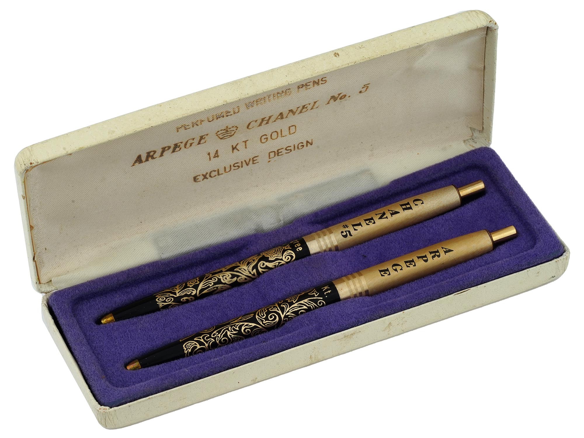 VINTAGE 14K GOLD PERFUMED PENS ARPEGE AND CHANEL NO. 5 PIC-0