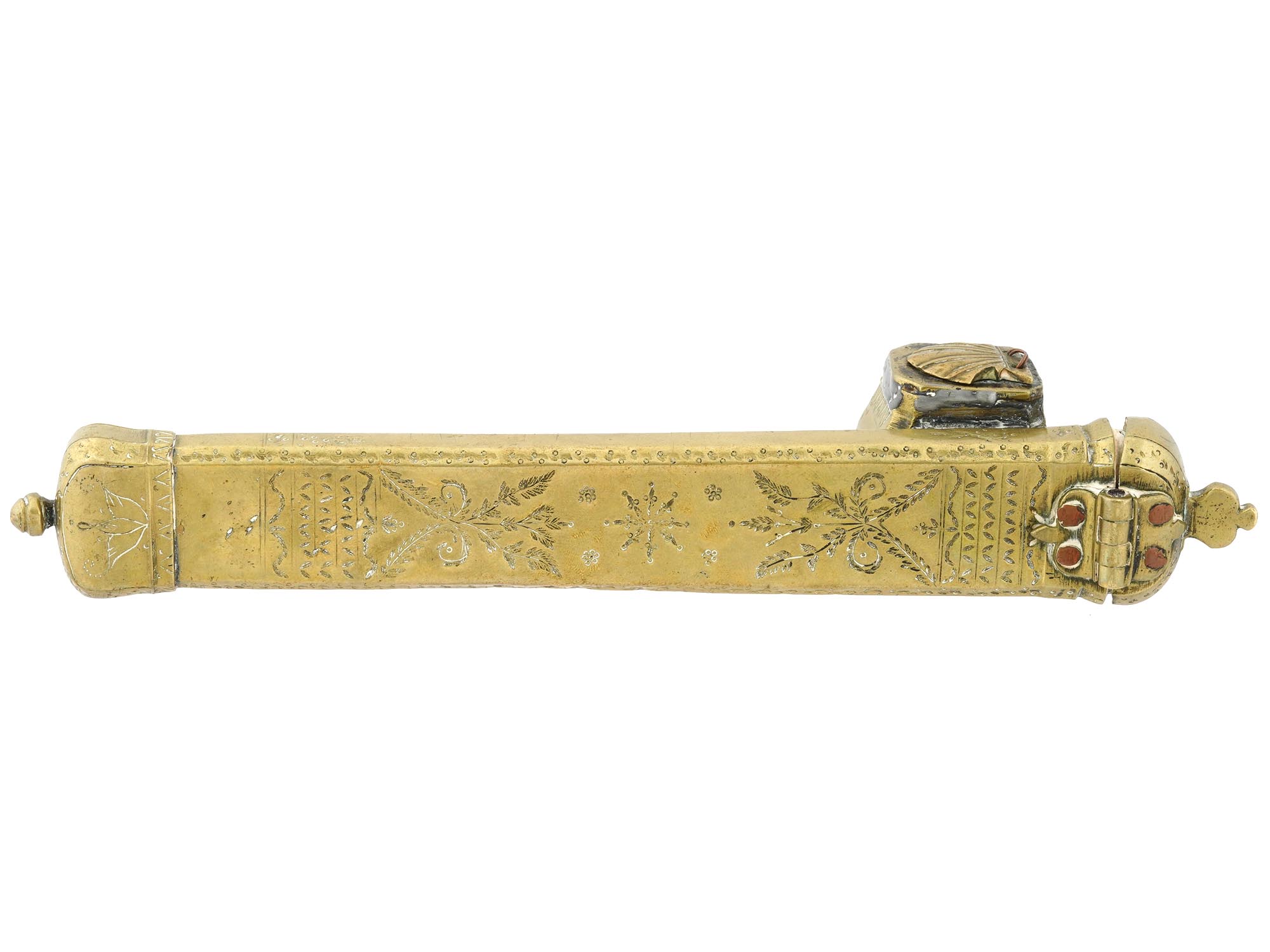 ISLAMIC GILT BRASS QALAMDAN PEN BOX WITH INKWELL PIC-5