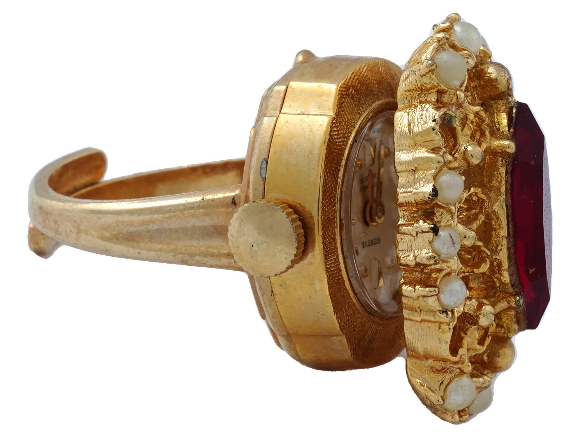 1960S GENEVE 14K GOLD PLATED GEMSTONE RING WATCH PIC-3