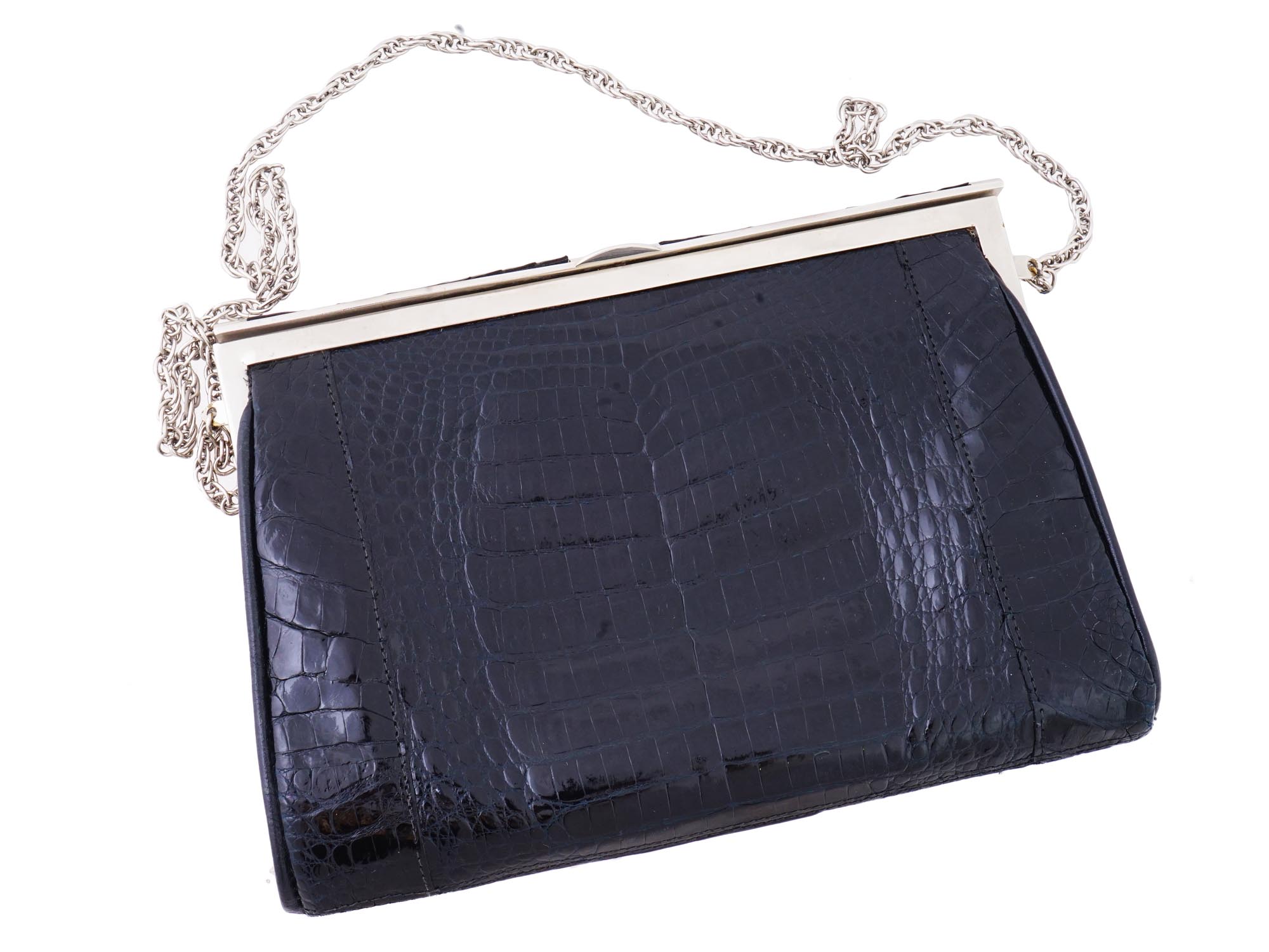 VINTAGE CROCODILE LEATHER CLUTCH BAG ON CHAIN STRAP PIC-0