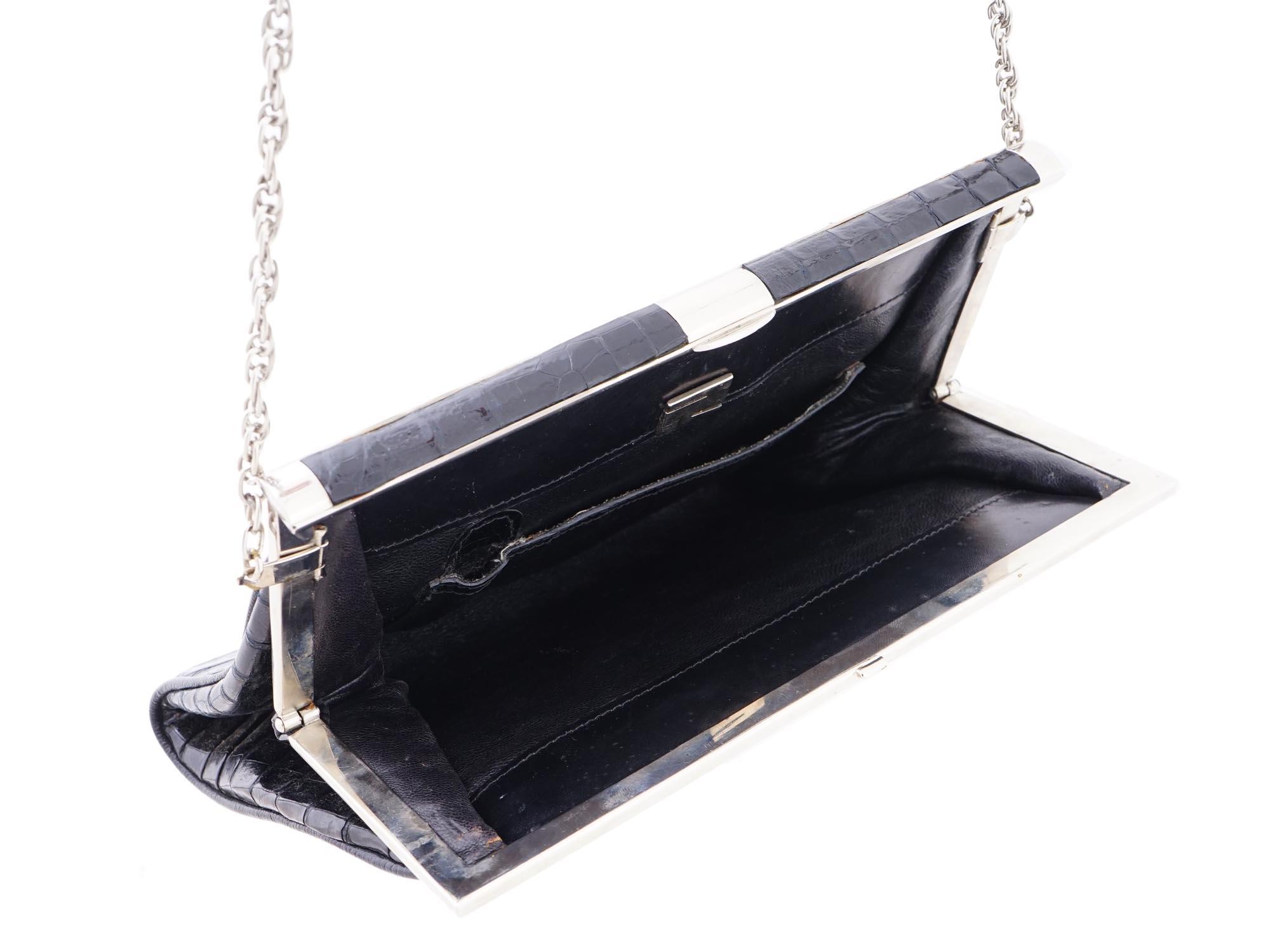 VINTAGE CROCODILE LEATHER CLUTCH BAG ON CHAIN STRAP PIC-6