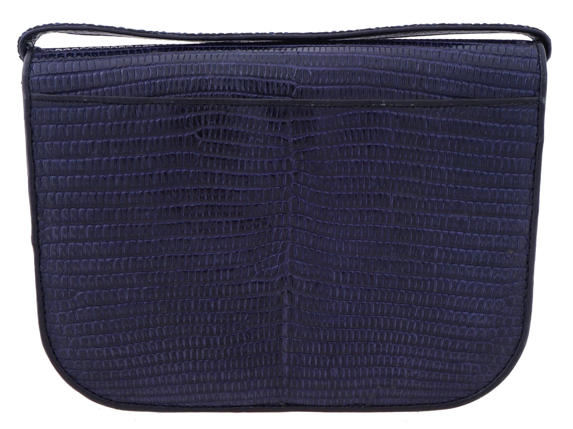 VINTAGE NAVY BLUE LIZARD LEATHER FLAP SHOULDER BAG PIC-3