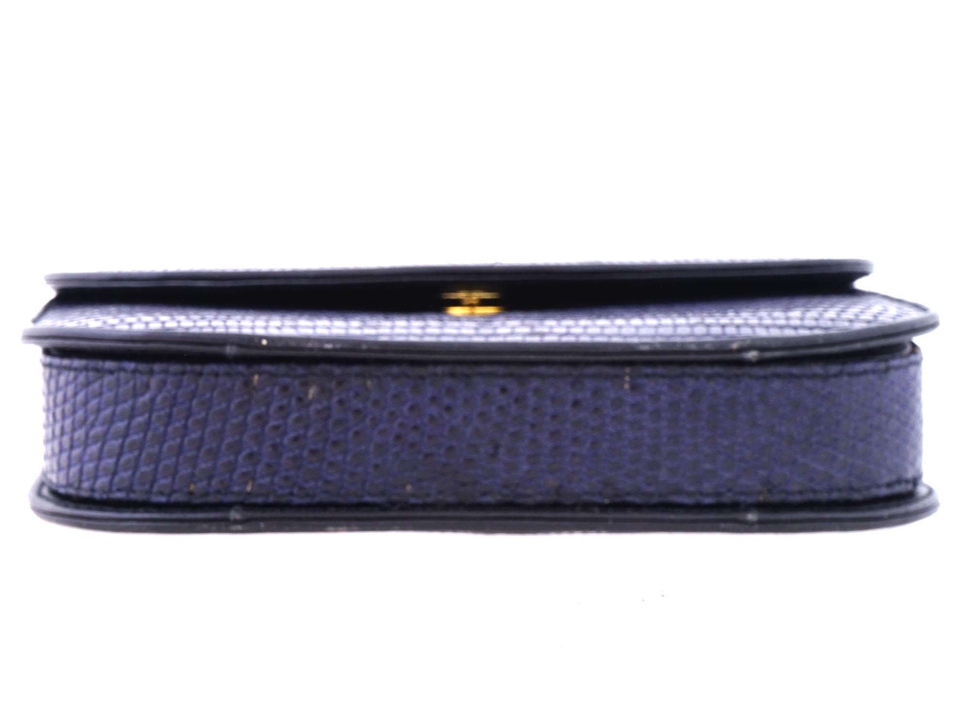 VINTAGE NAVY BLUE LIZARD LEATHER FLAP SHOULDER BAG PIC-6