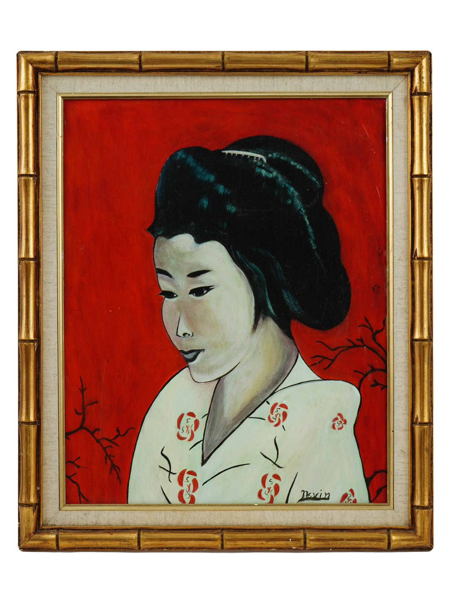 JAPANESE GEISHA WOMAN PORTRAIT OIL PAINTING SIGNED PIC-0