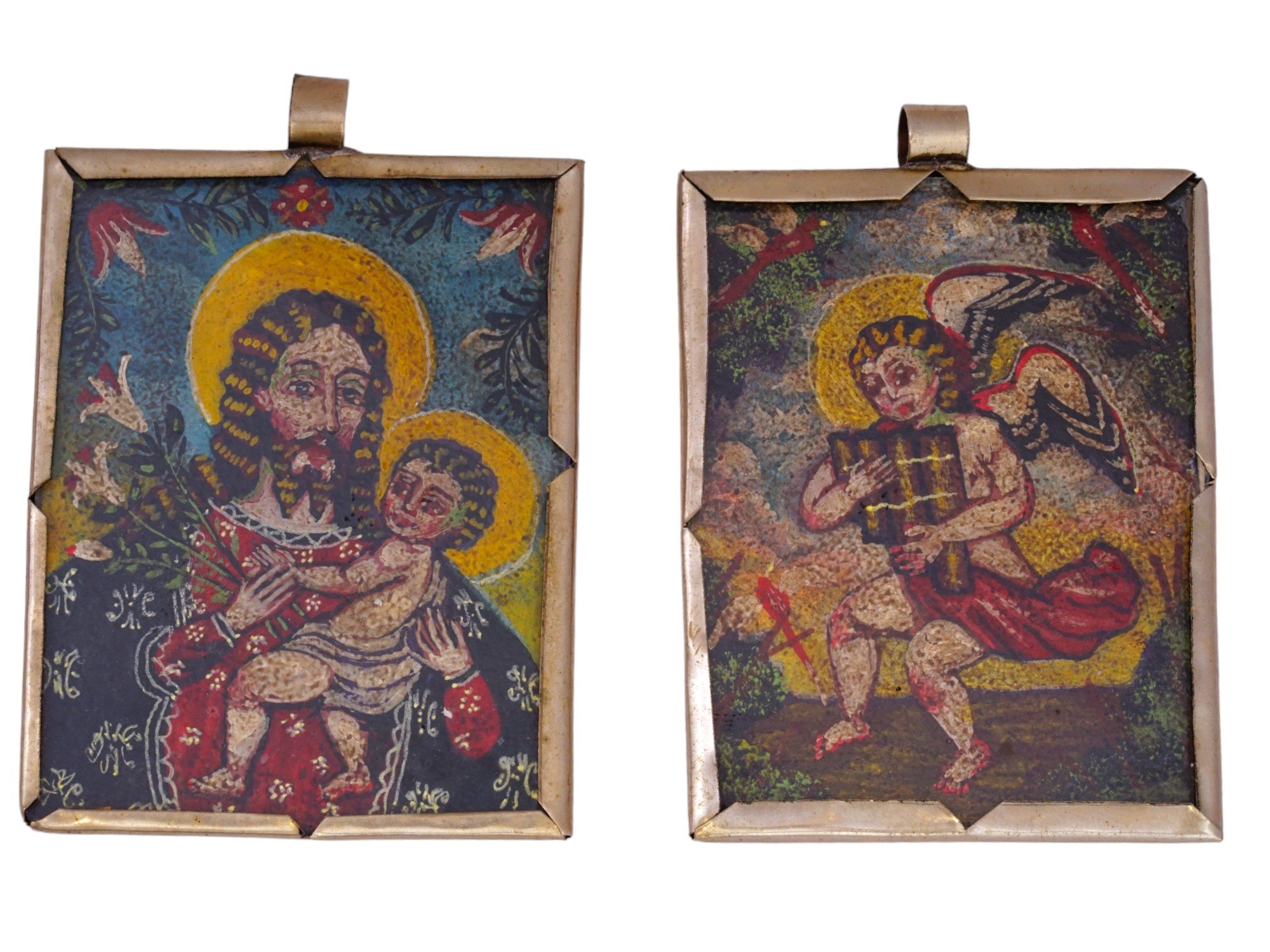 2 ANTIQUE ENAMEL HAND PAINTED BODY ICON PENDANTS PIC-0