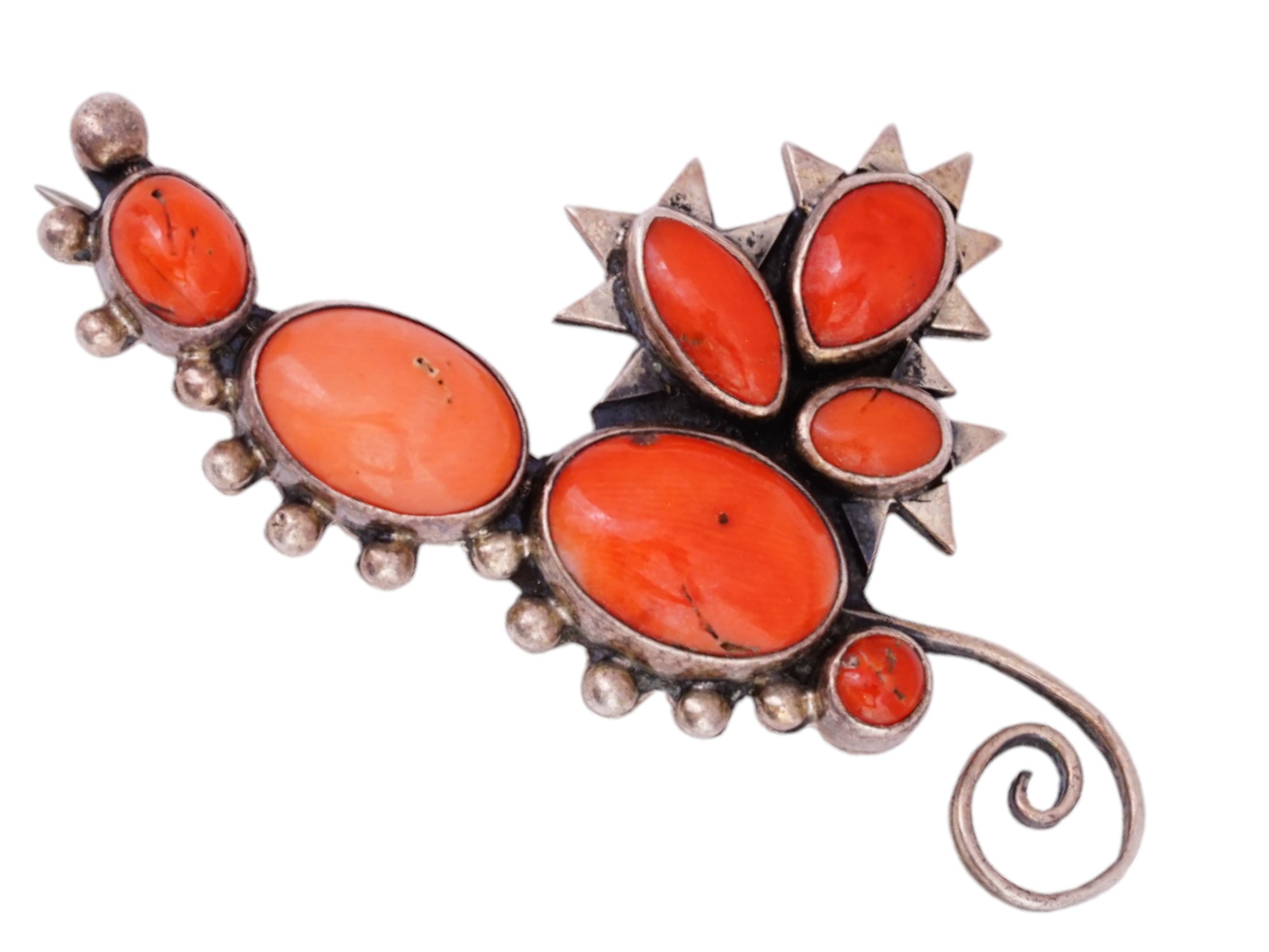 VINTAGE NATIVE AMERICAN NAVAJO SILVER BROOCH W CORALS PIC-0